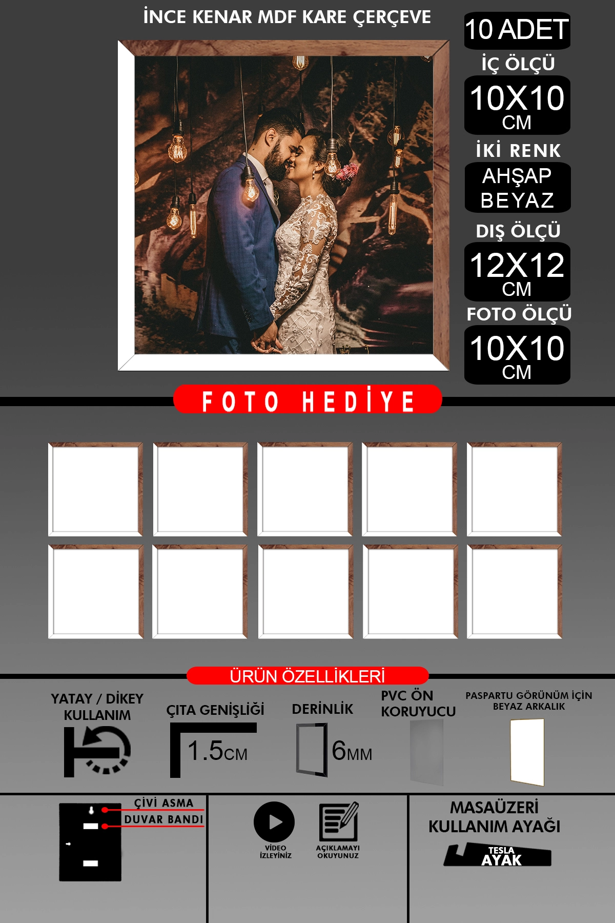 10 Adet 10X10 Çerçeve - İnce Çıtalı Çerçeve - Kare Çerçeve - Fotoğraf Çerçevesi