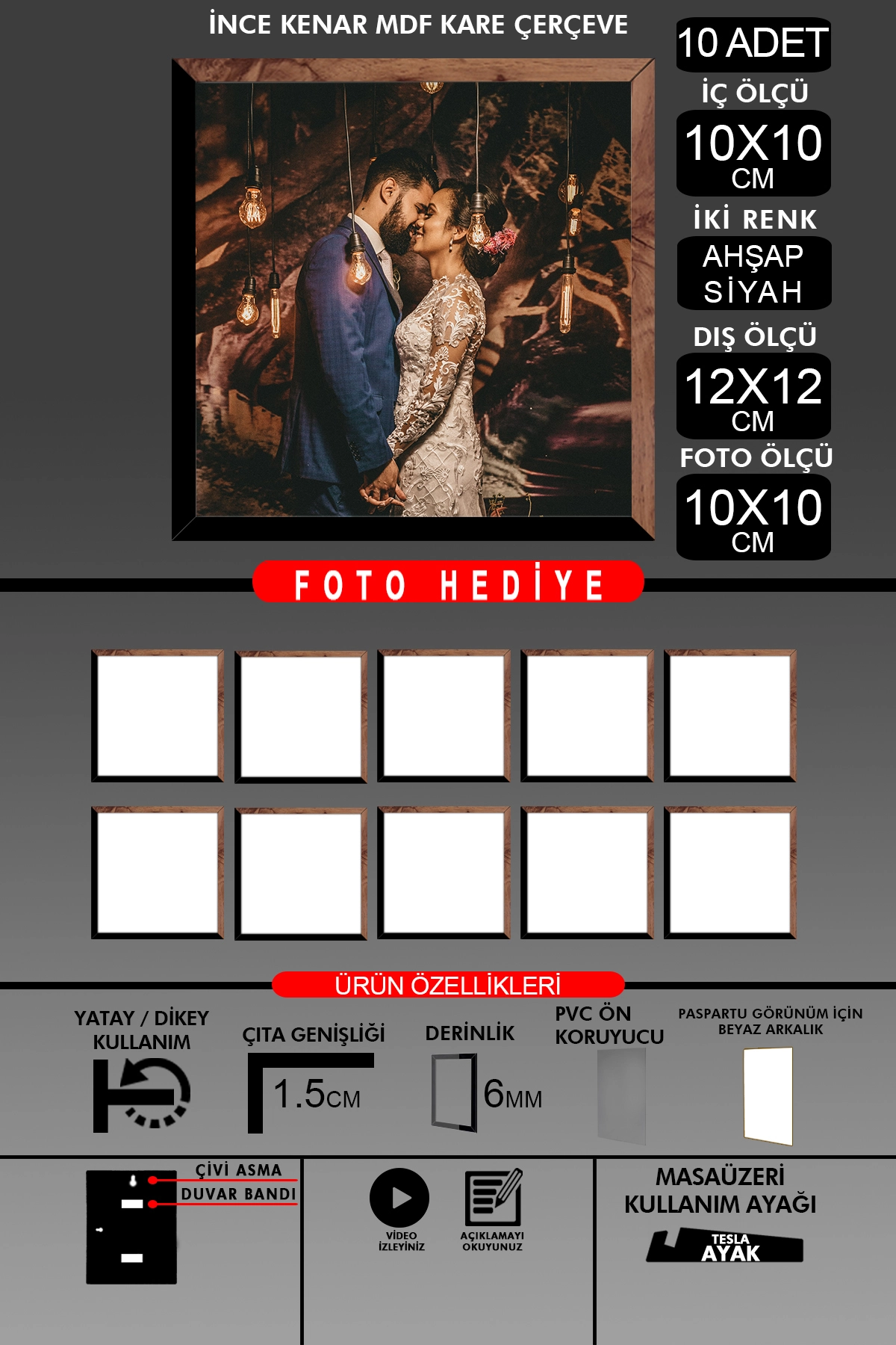 10 Adet 10X10 Çerçeve - İnce Çıtalı Çerçeve - Kare Çerçeve - Fotoğraf Çerçevesi