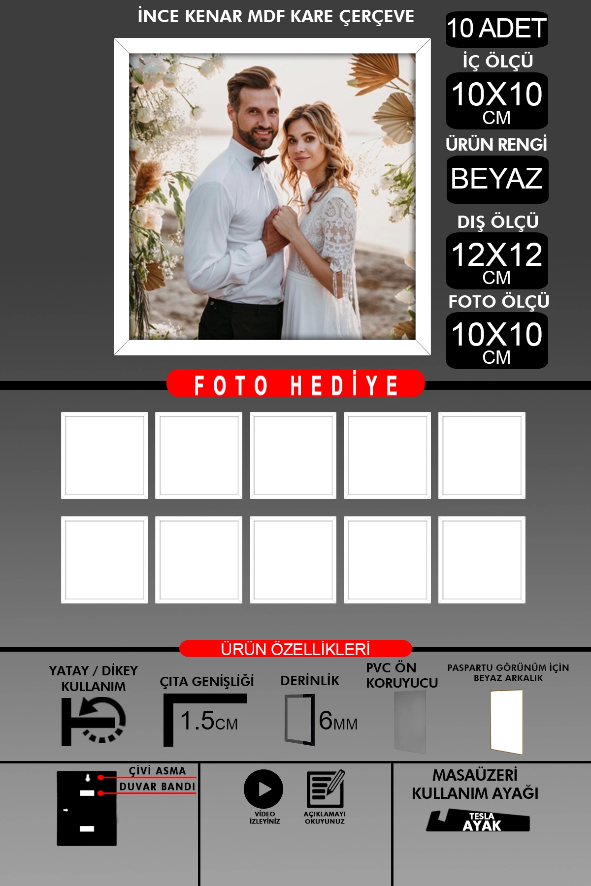 10 Adet 10X10 Çerçeve - İnce Çıtalı Çerçeve - Kare Çerçeve - Fotoğraf Çerçevesi