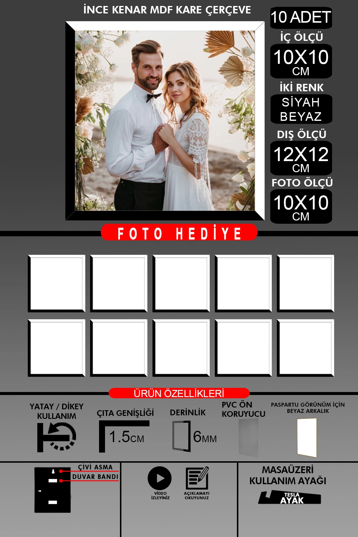 10 Adet 10X10 Çerçeve - İnce Çıtalı Çerçeve - Kare Çerçeve - Fotoğraf Çerçevesi