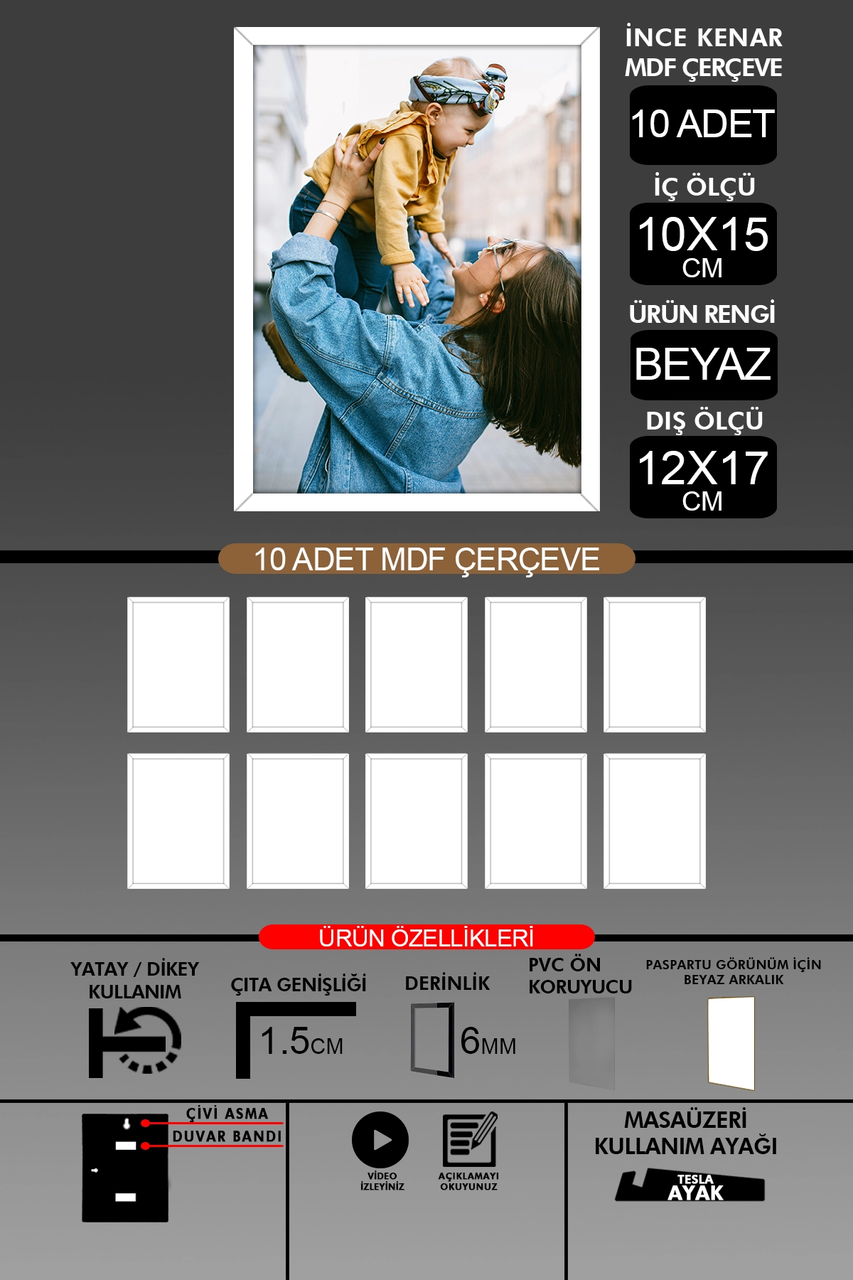 10 Adet 10x15 Çerçeve - İnce Çıtalı Çerçeve- 6mm Çerçeve Fotoğraf Çerçevesi