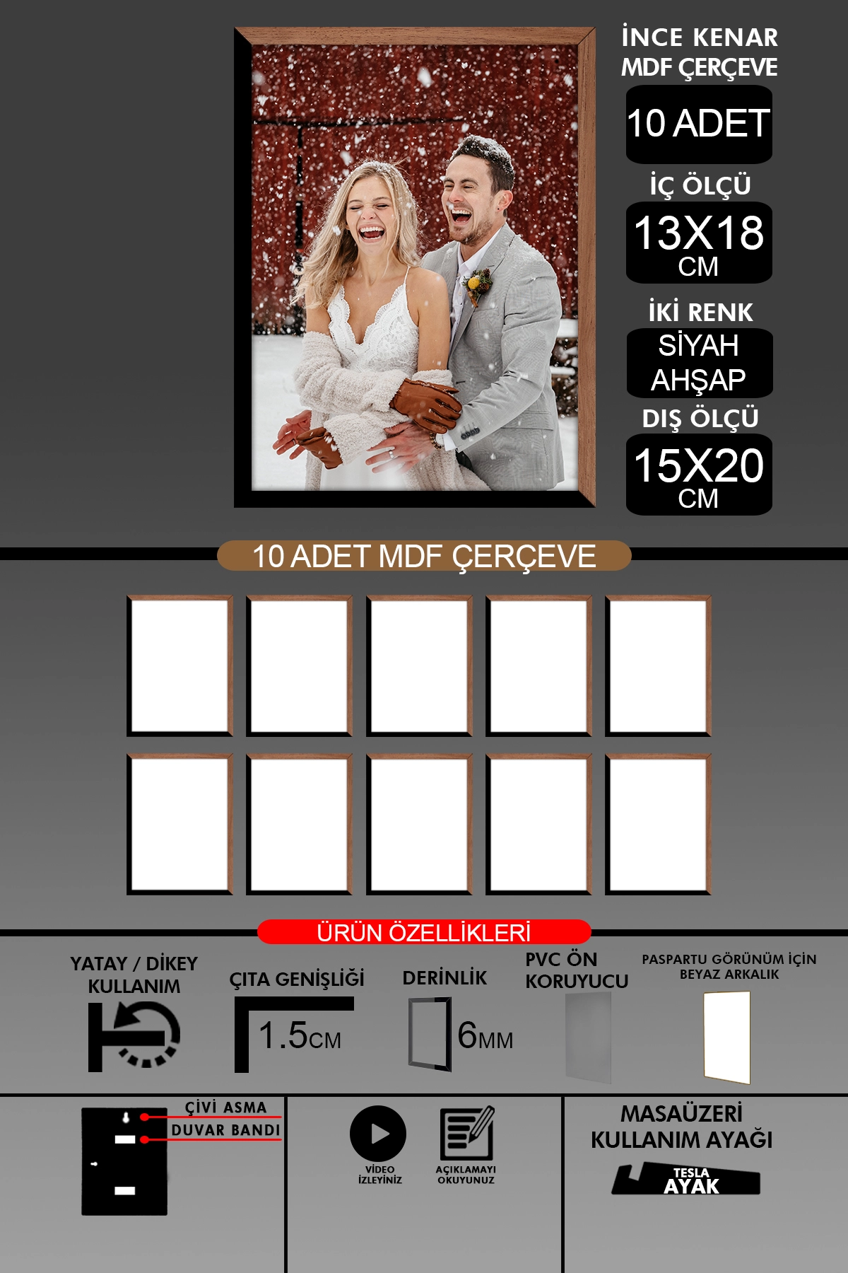 10 Adet 13x18 Çerçeve - İnce Çıtalı Çerçeve- 6mm Çerçeve Fotoğraf Çerçevesi