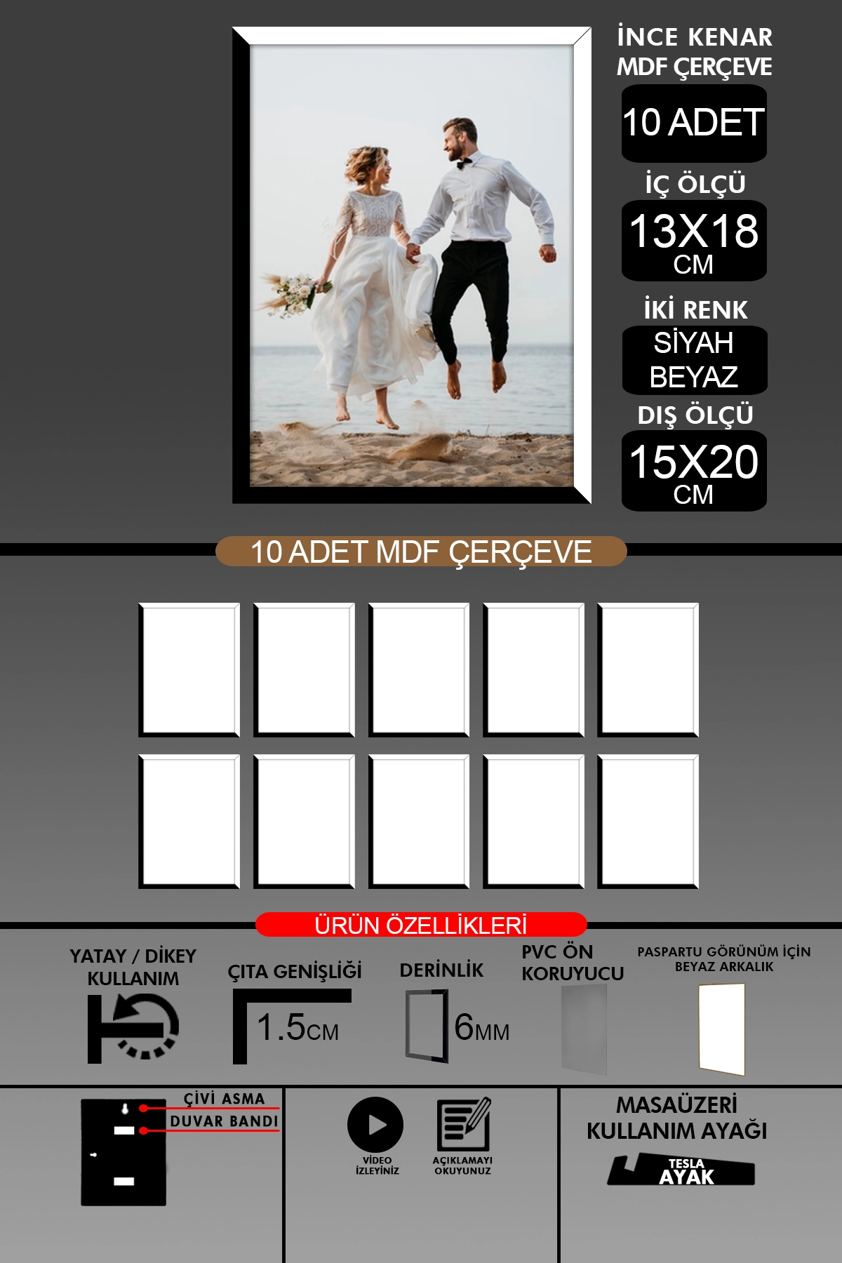 10 Adet 13x18 Çerçeve - İnce Çıtalı Çerçeve- 6mm Çerçeve Fotoğraf Çerçevesi