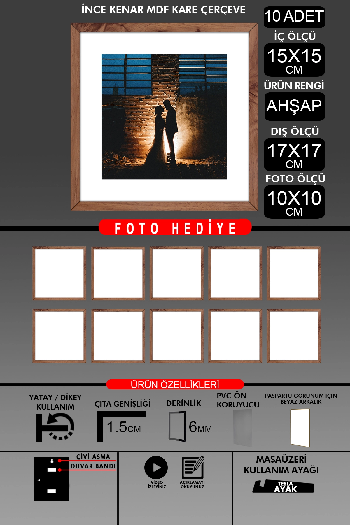 10 Adet 15x15 Çerçeve - İnce Çıtalı Çerçeve - Kare Çerçeve - Fotoğraf Çerçevesi