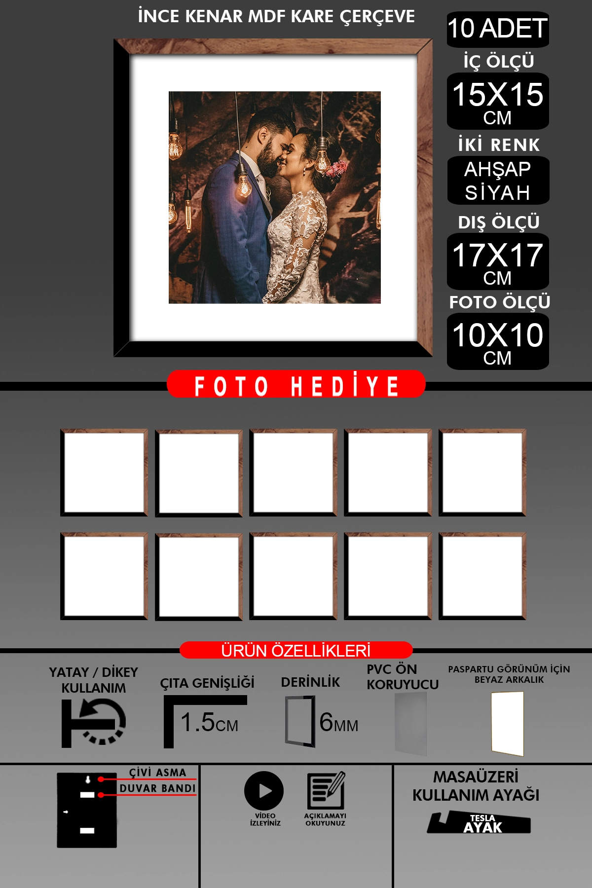 10 Adet 15x15 Çerçeve - İnce Çıtalı Çerçeve - Kare Çerçeve - Fotoğraf Çerçevesi