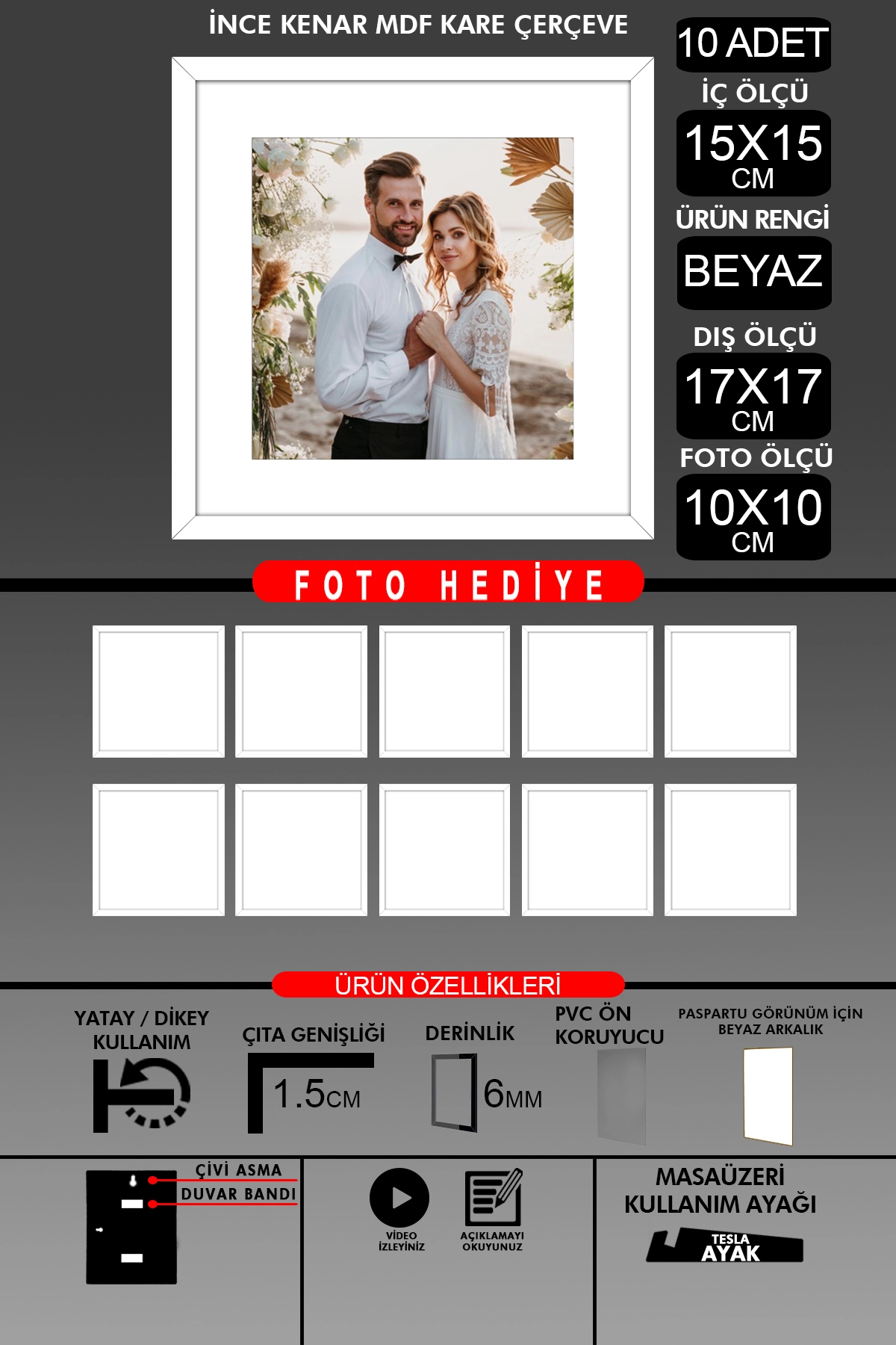 10 Adet 15x15 Çerçeve - İnce Çıtalı Çerçeve - Kare Çerçeve - Fotoğraf Çerçevesi