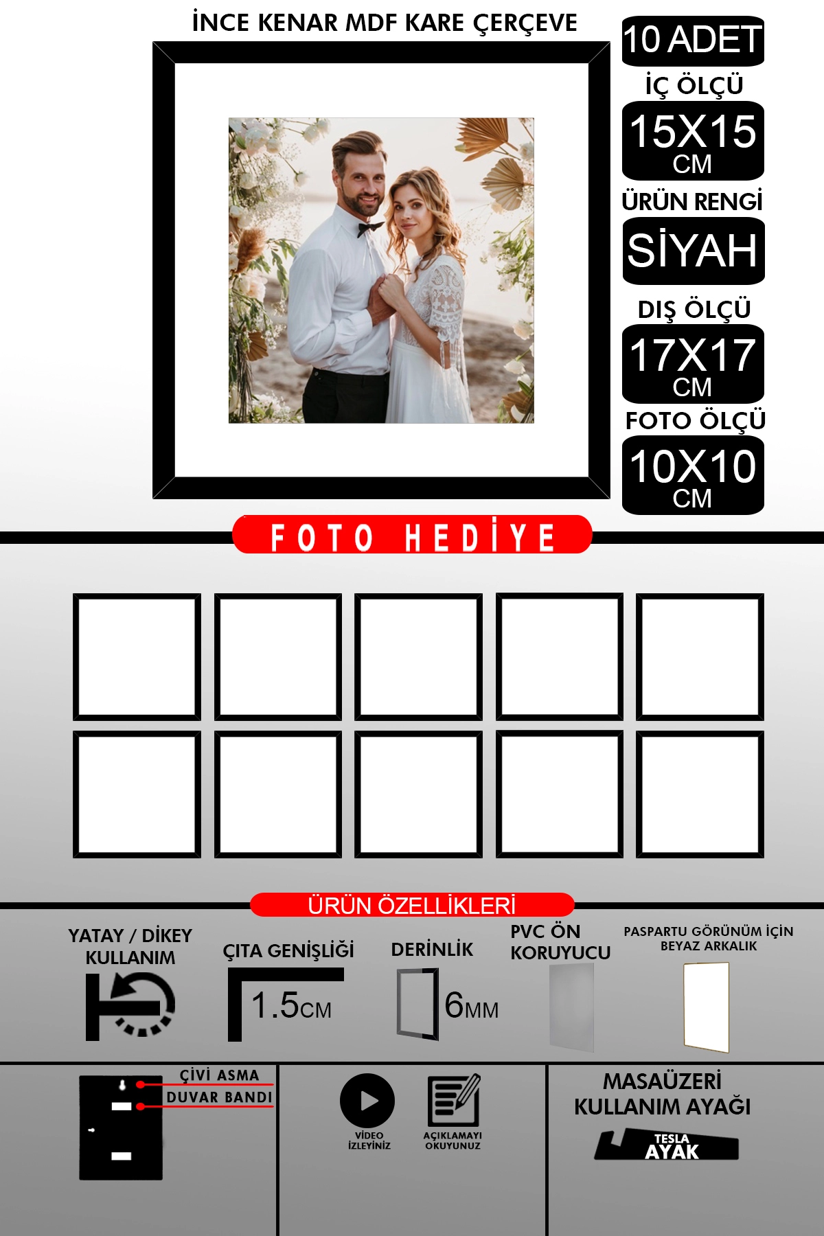 10 Adet 15x15 Çerçeve - İnce Çıtalı Çerçeve - Kare Çerçeve - Fotoğraf Çerçevesi