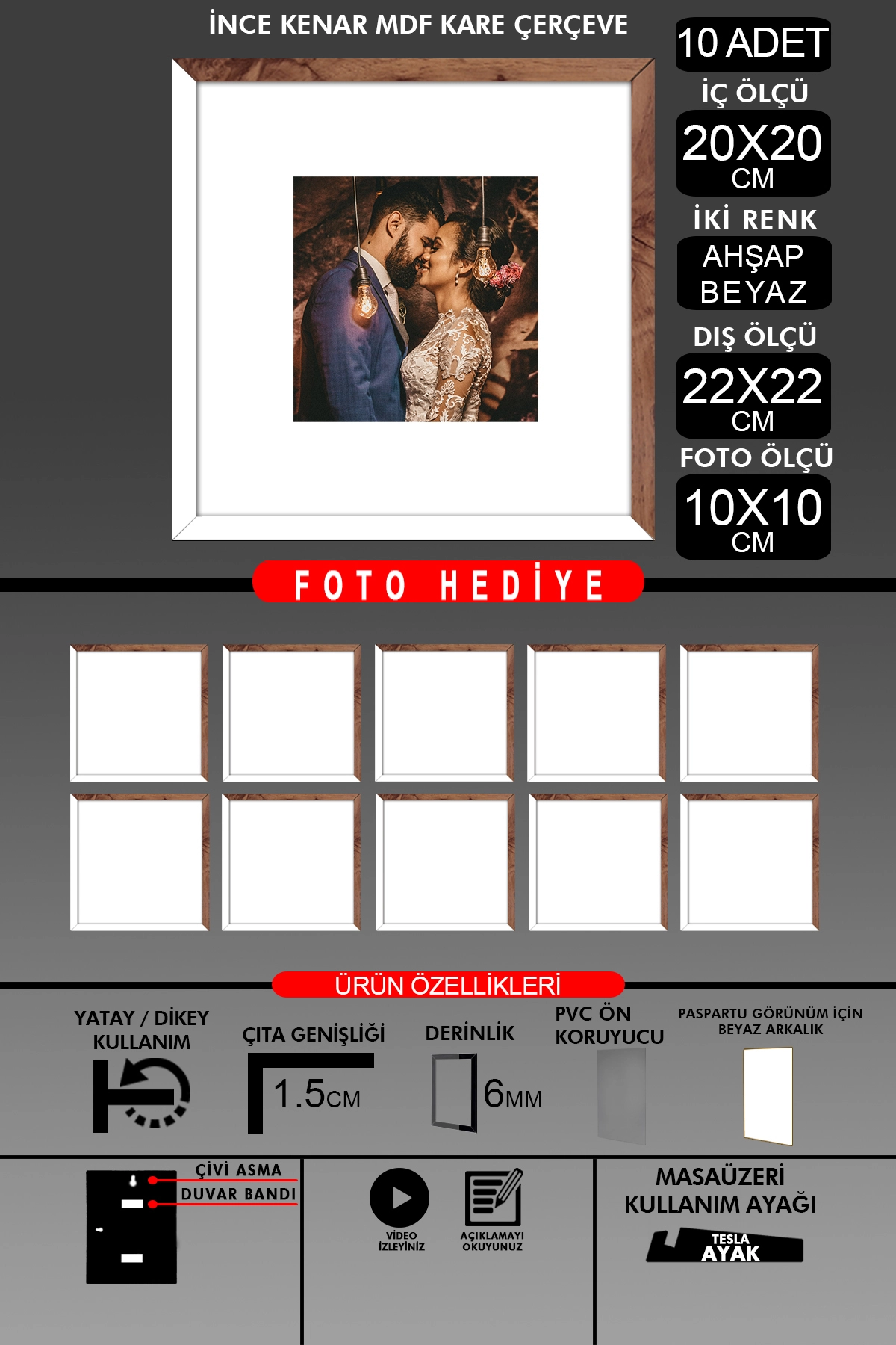 10 Adet 20x20 Çerçeve - İnce Çıtalı Çerçeve - Kare Çerçeve - Fotoğraf Çerçevesi