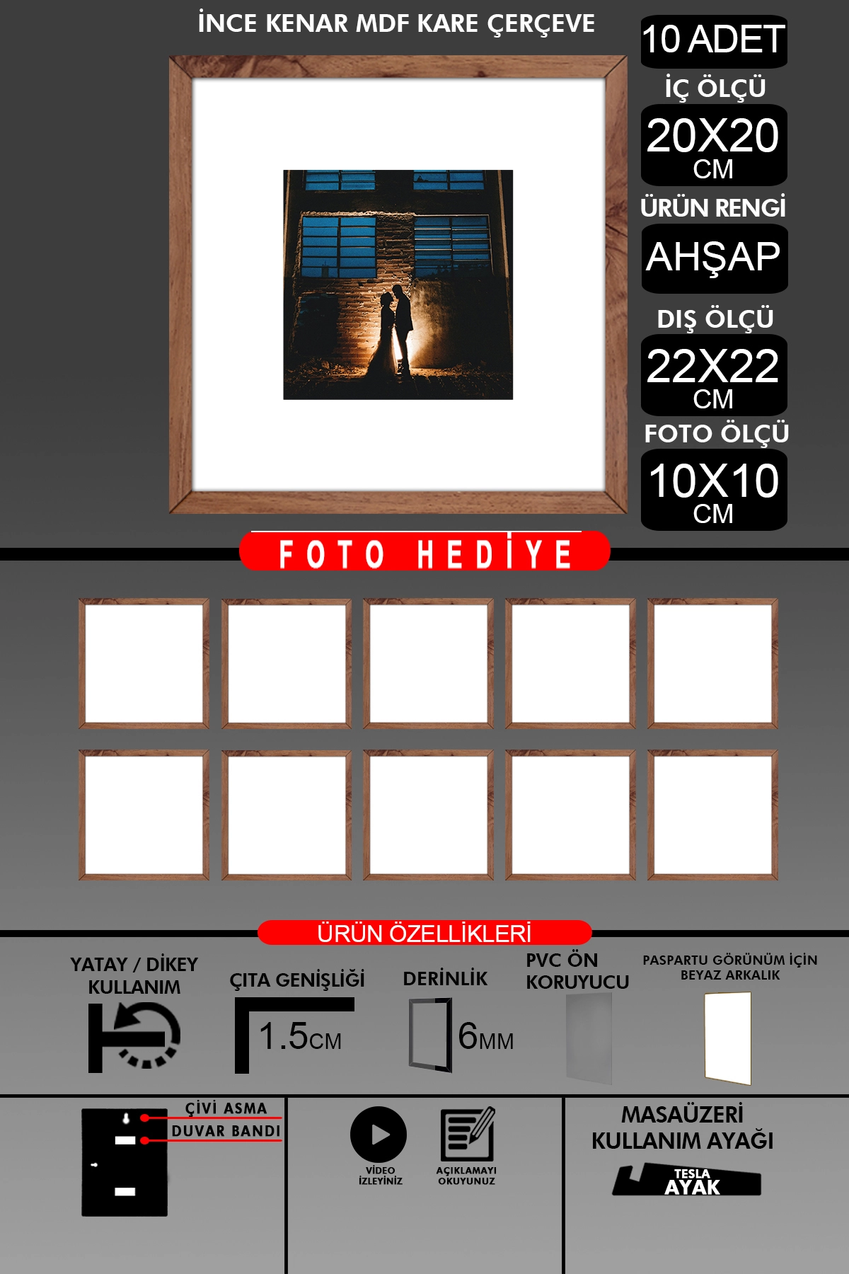 10 Adet 20x20 Çerçeve - İnce Çıtalı Çerçeve - Kare Çerçeve - Fotoğraf Çerçevesi