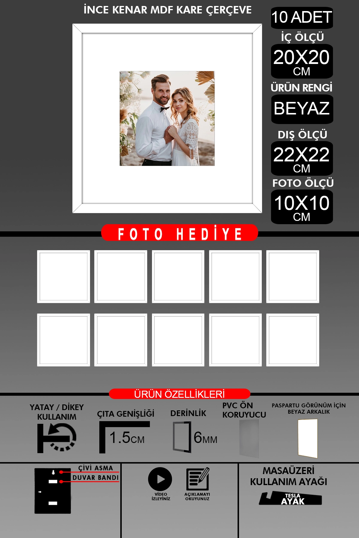10 Adet 20x20 Çerçeve - İnce Çıtalı Çerçeve - Kare Çerçeve - Fotoğraf Çerçevesi