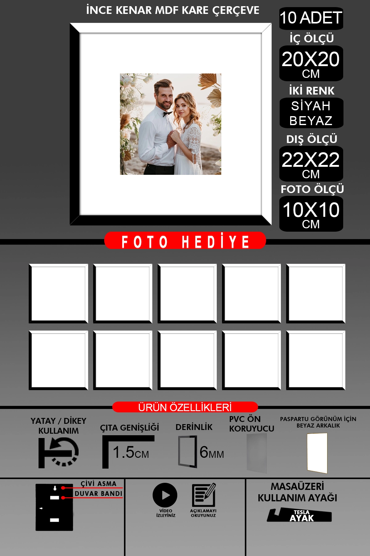 10 Adet 20x20 Çerçeve - İnce Çıtalı Çerçeve - Kare Çerçeve - Fotoğraf Çerçevesi
