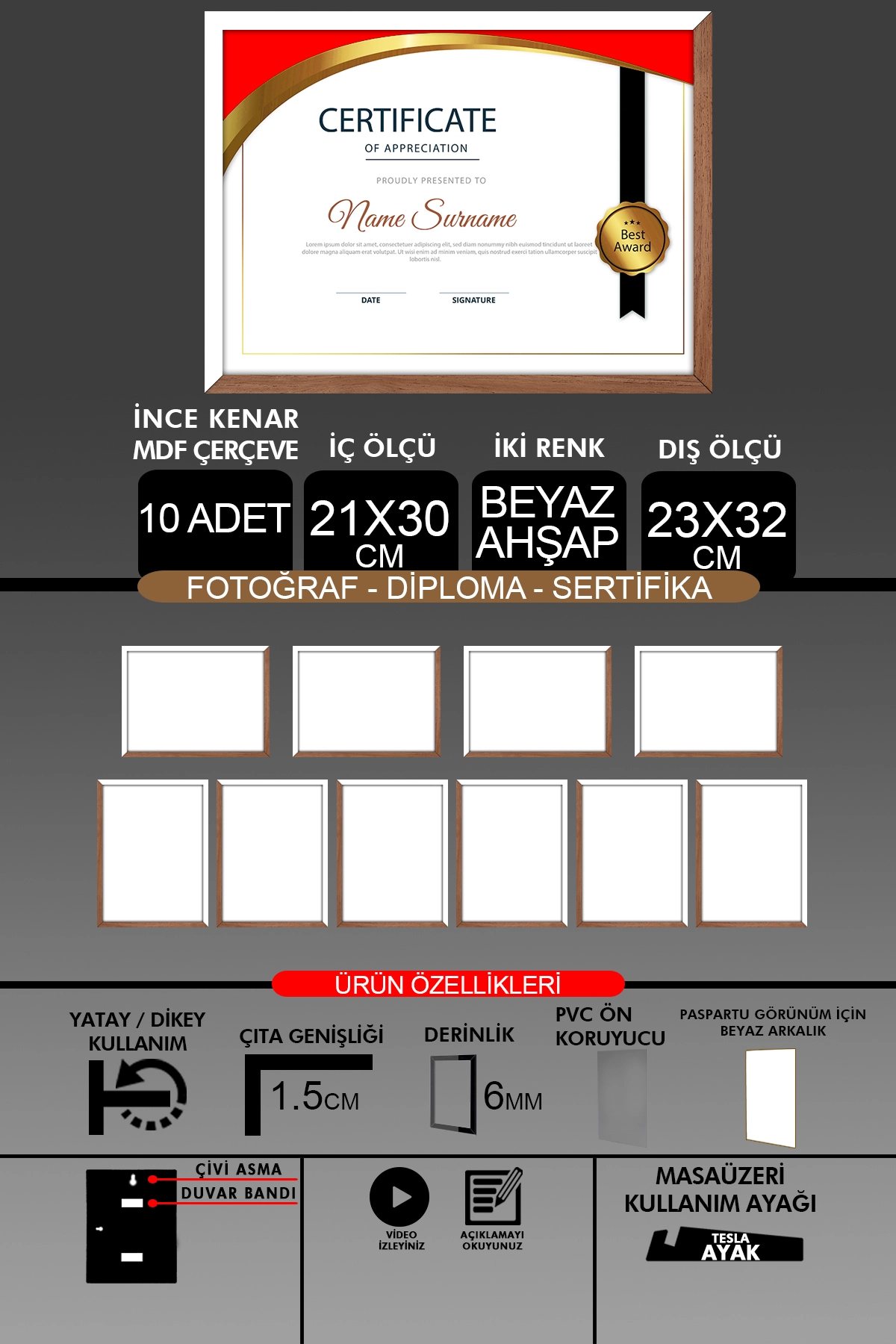 10 Adet 21x30 Çerçeve - İnce Çıtalı Çerçeve- 6mm Çerçeve Fotoğraf Çerçevesi