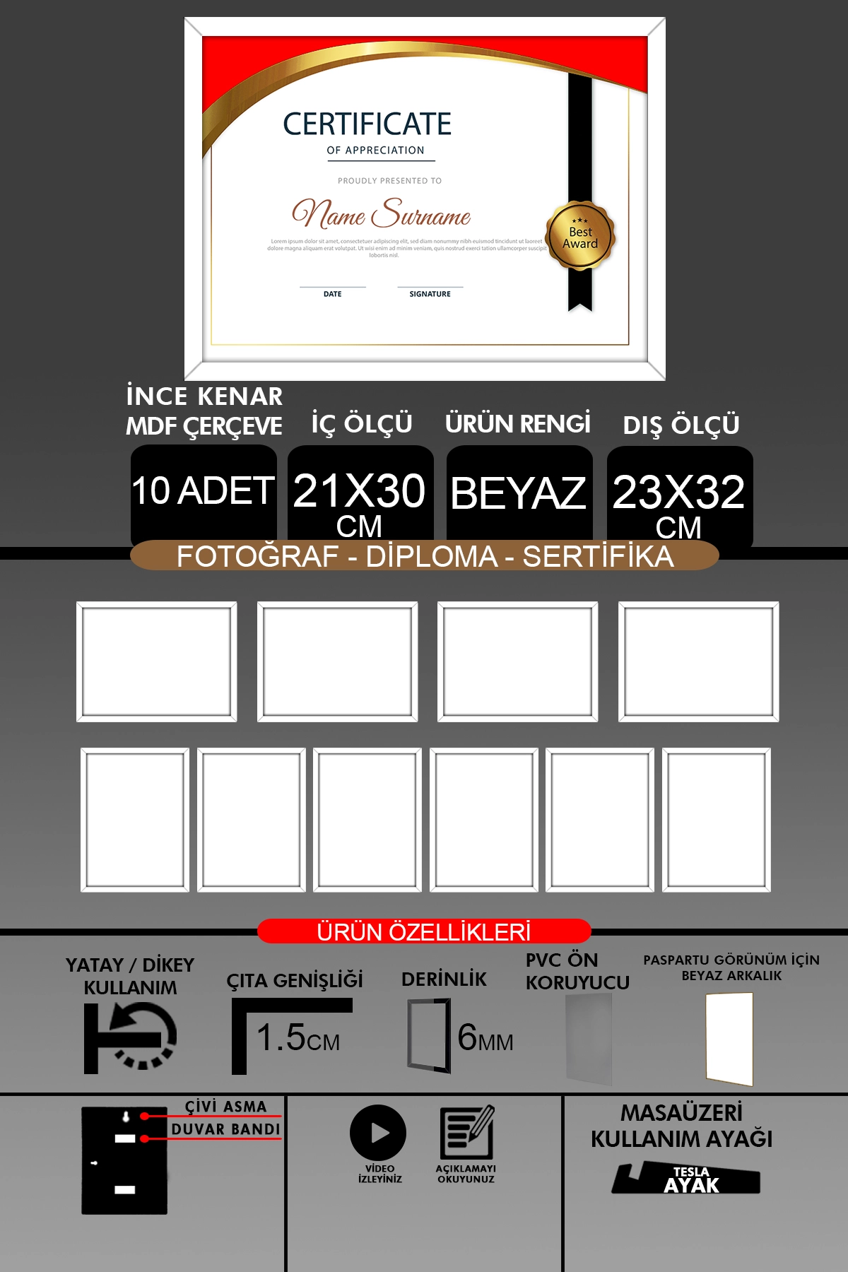 10 Adet 21x30 Çerçeve - İnce Çıtalı Çerçeve- 6mm Çerçeve Fotoğraf Çerçevesi