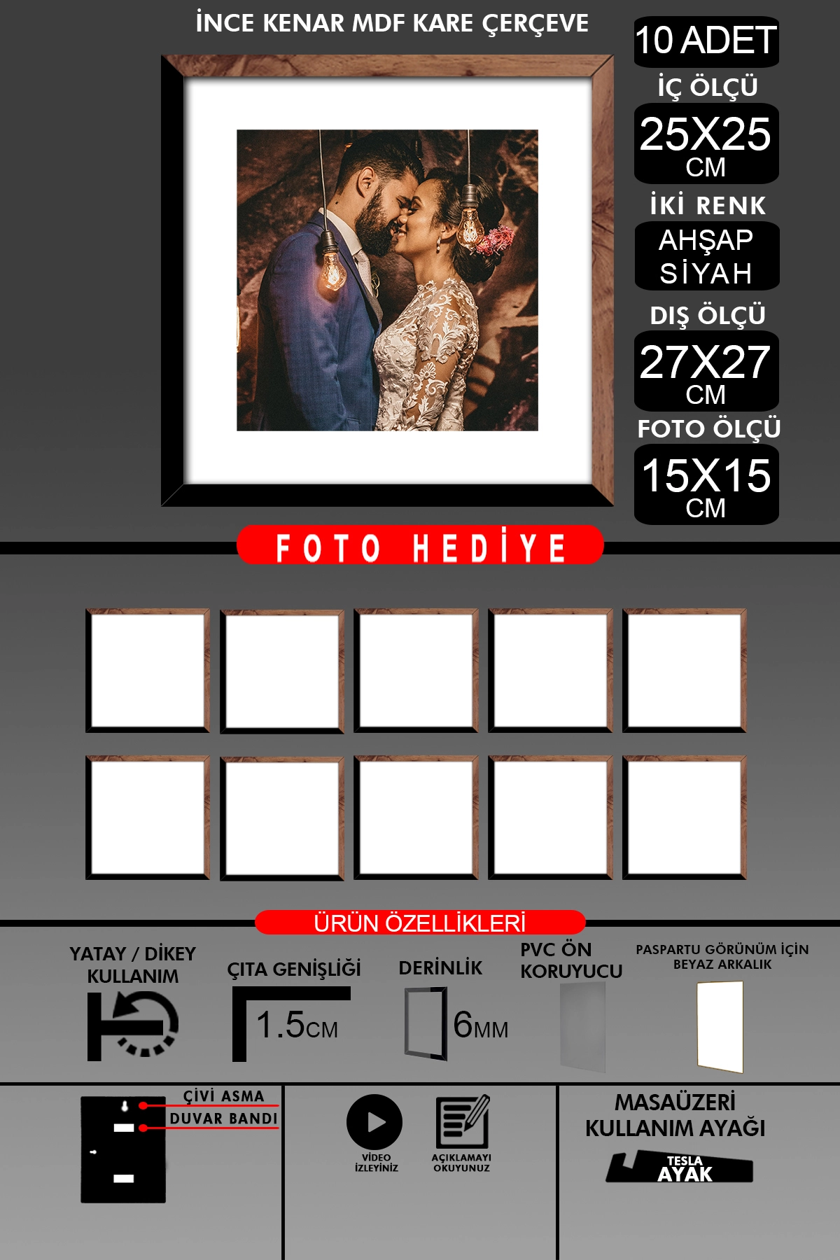 10 Adet 25x25 Çerçeve - İnce Çıtalı Çerçeve -Kare Çerçeve Fotoğraf Çerçevesi