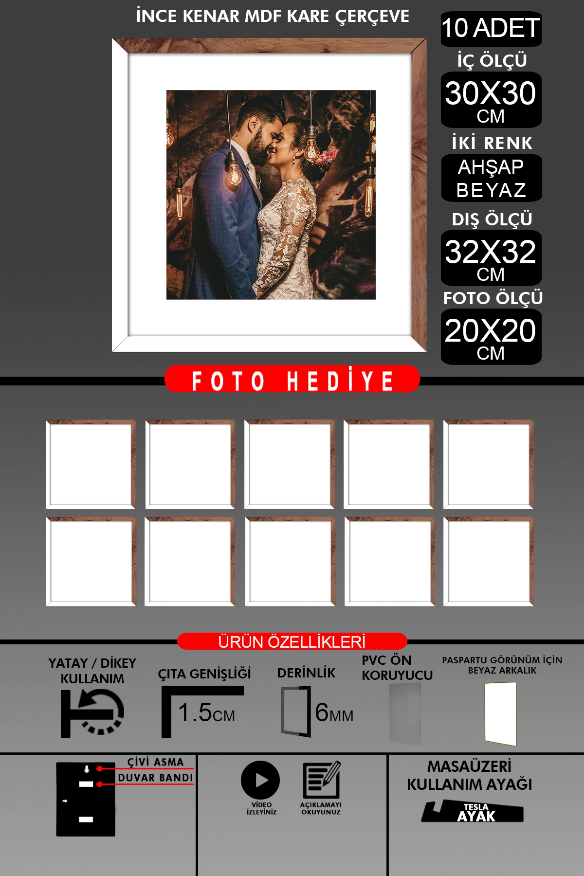 10 Adet 30x30 Çerçeve - İnce Çıtalı Çerçeve -Kare Çerçeve - Fotoğraf Çerçevesi