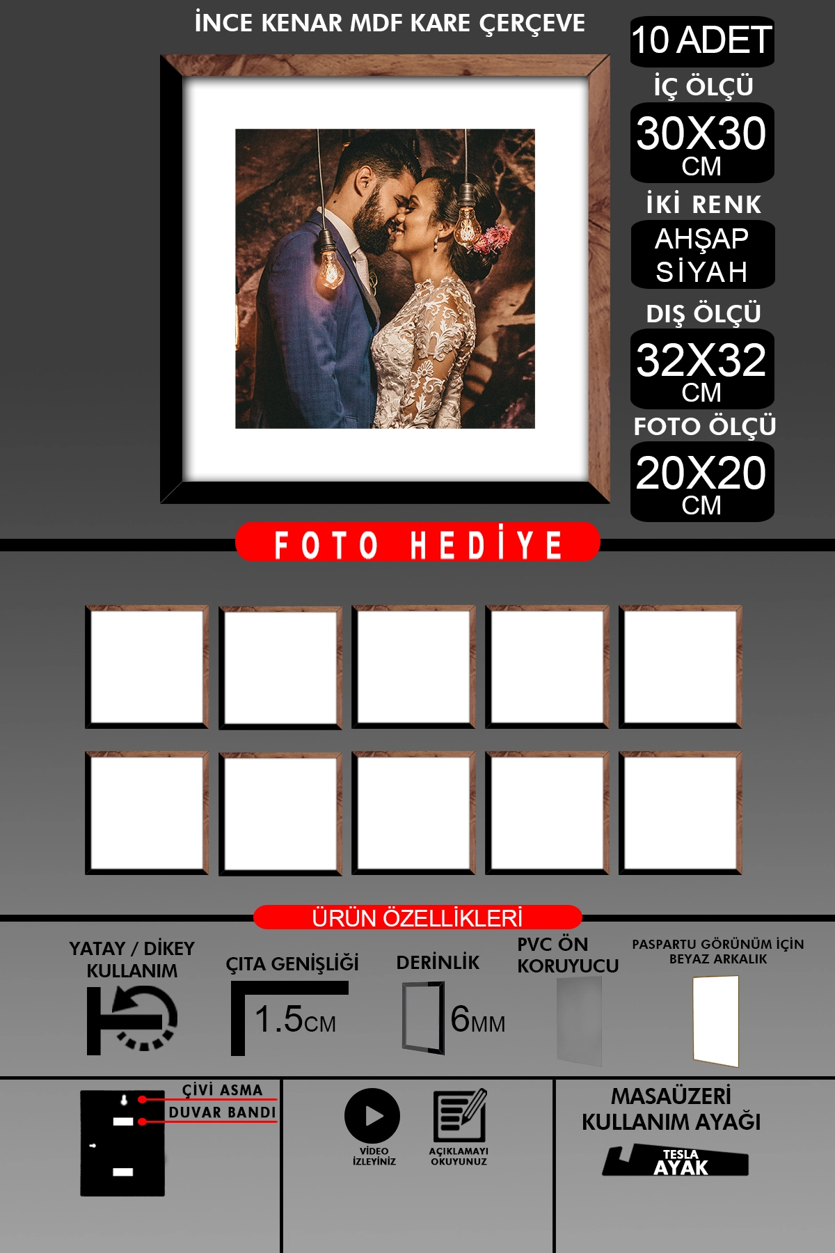 10 Adet 30x30 Çerçeve - İnce Çıtalı Çerçeve -Kare Çerçeve - Fotoğraf Çerçevesi