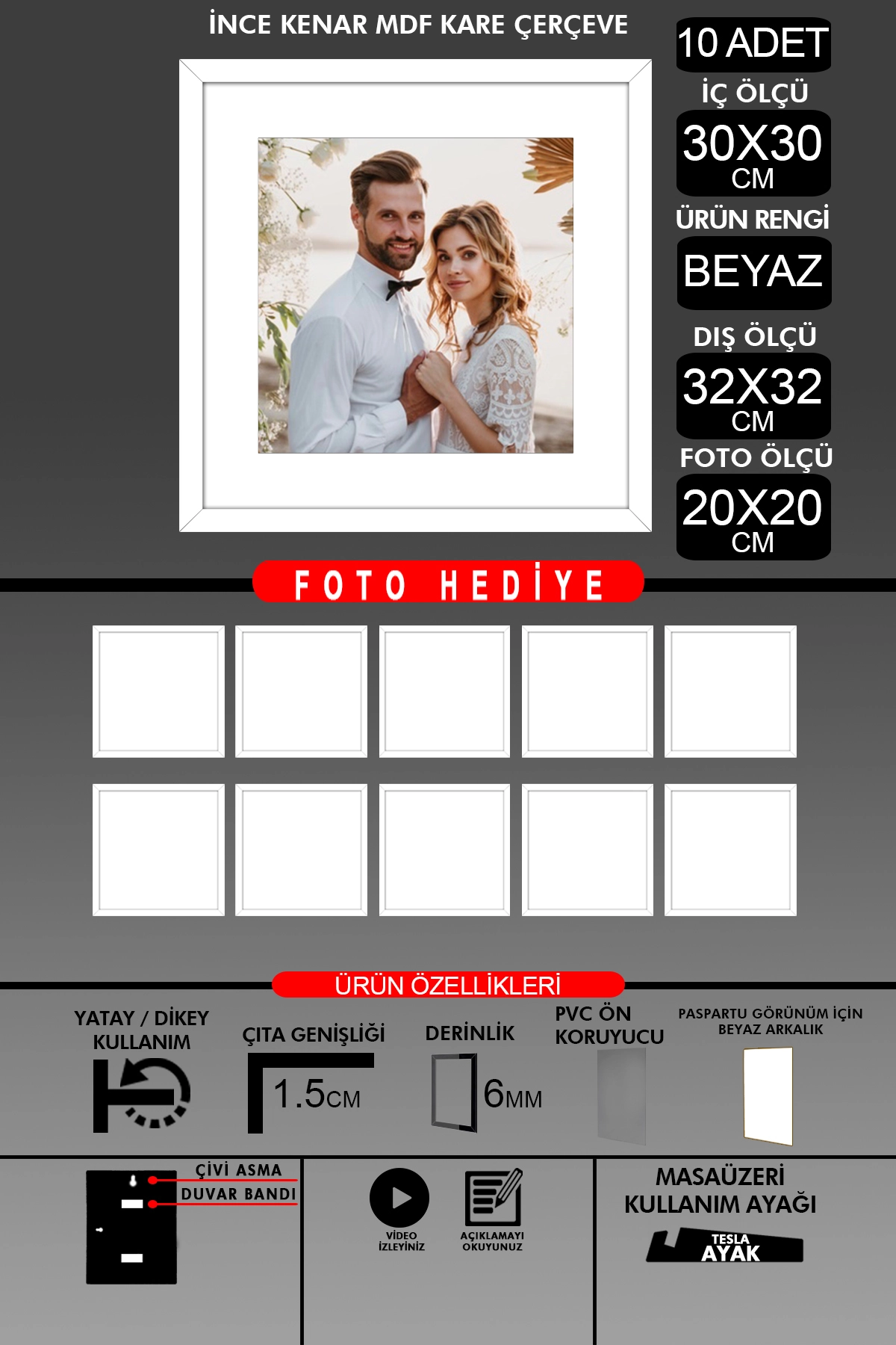 10 Adet 30x30 Çerçeve - İnce Çıtalı Çerçeve -Kare Çerçeve - Fotoğraf Çerçevesi