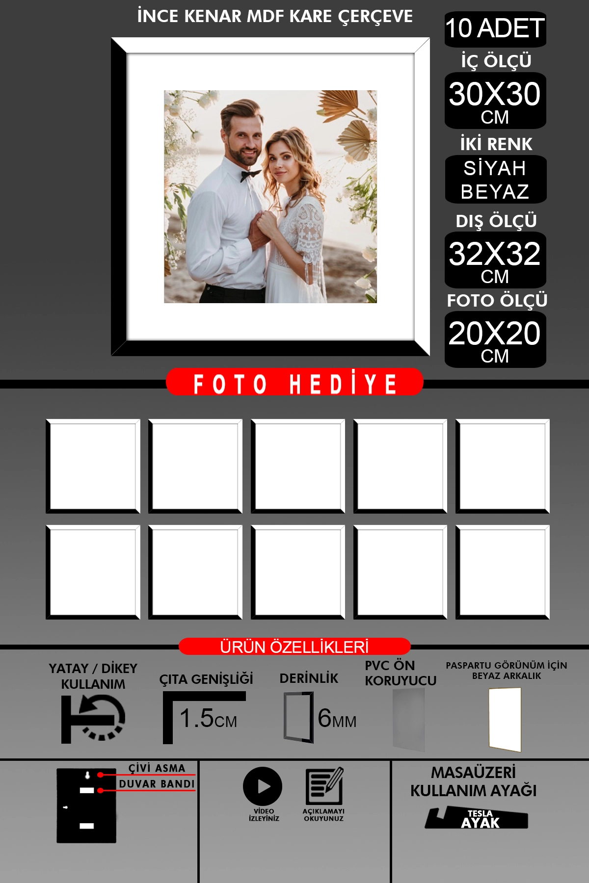 10 Adet 30x30 Çerçeve - İnce Çıtalı Çerçeve -Kare Çerçeve - Fotoğraf Çerçevesi