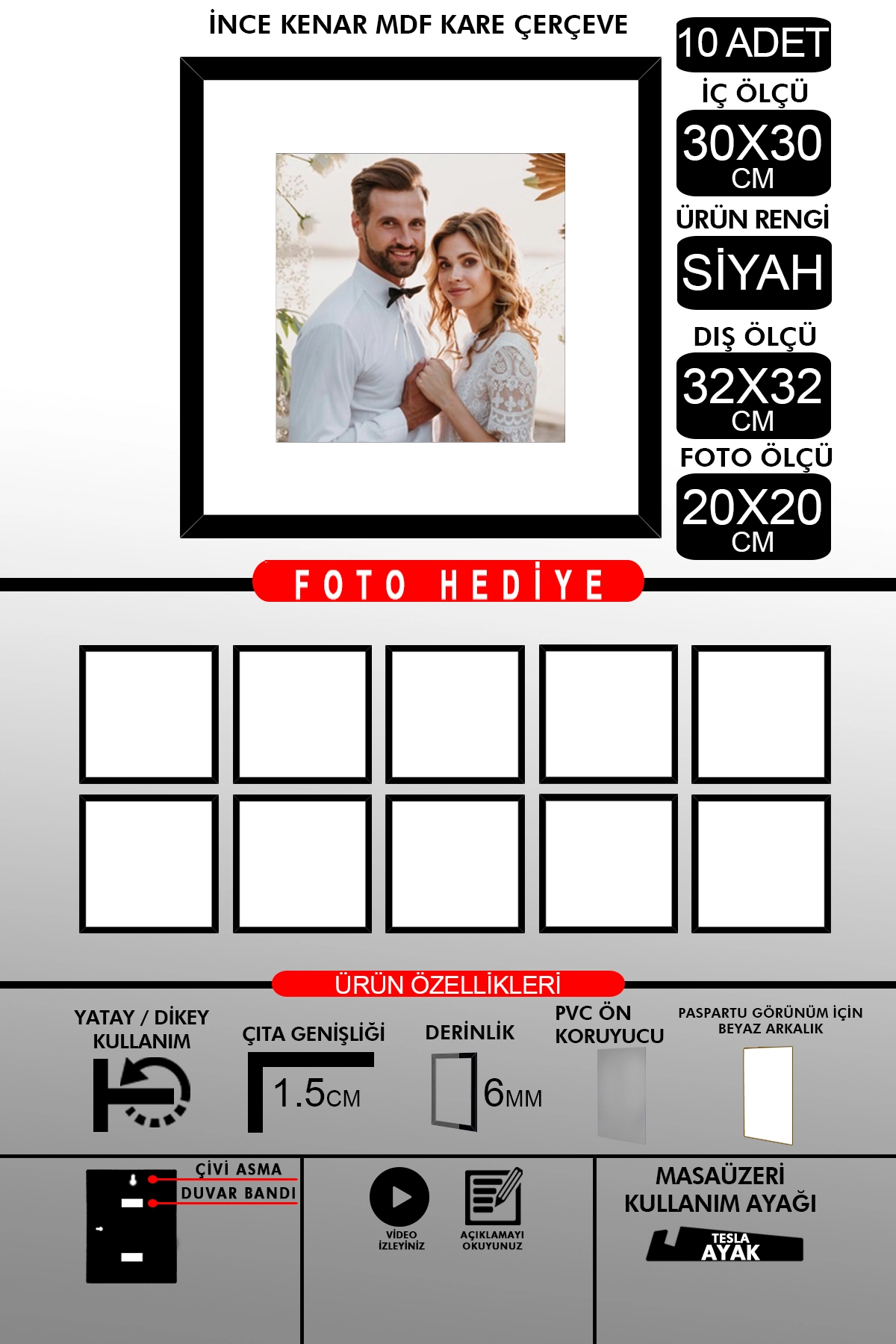 10 Adet 30x30 Çerçeve - İnce Çıtalı Çerçeve -Kare Çerçeve - Fotoğraf Çerçevesi