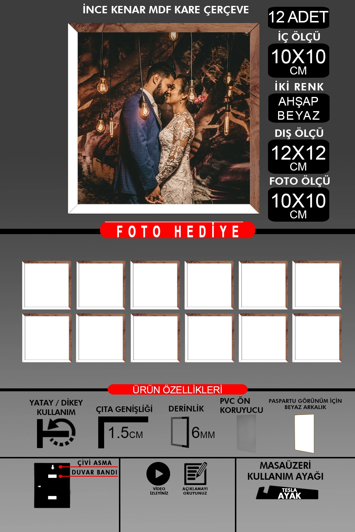 12 Adet 10X10 Çerçeve - İnce Çıtalı Çerçeve - Kare Çerçeve - Fotoğraf Çerçevesi