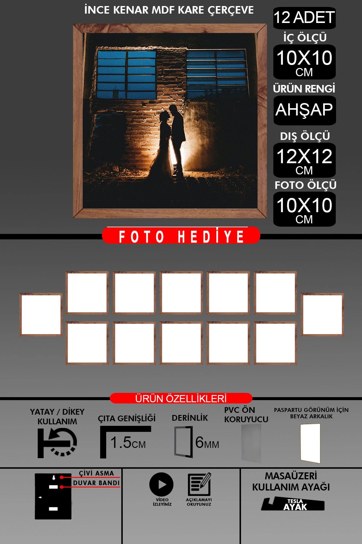 12 Adet 10X10 Çerçeve - İnce Çıtalı Çerçeve - Kare Çerçeve - Fotoğraf Çerçevesi