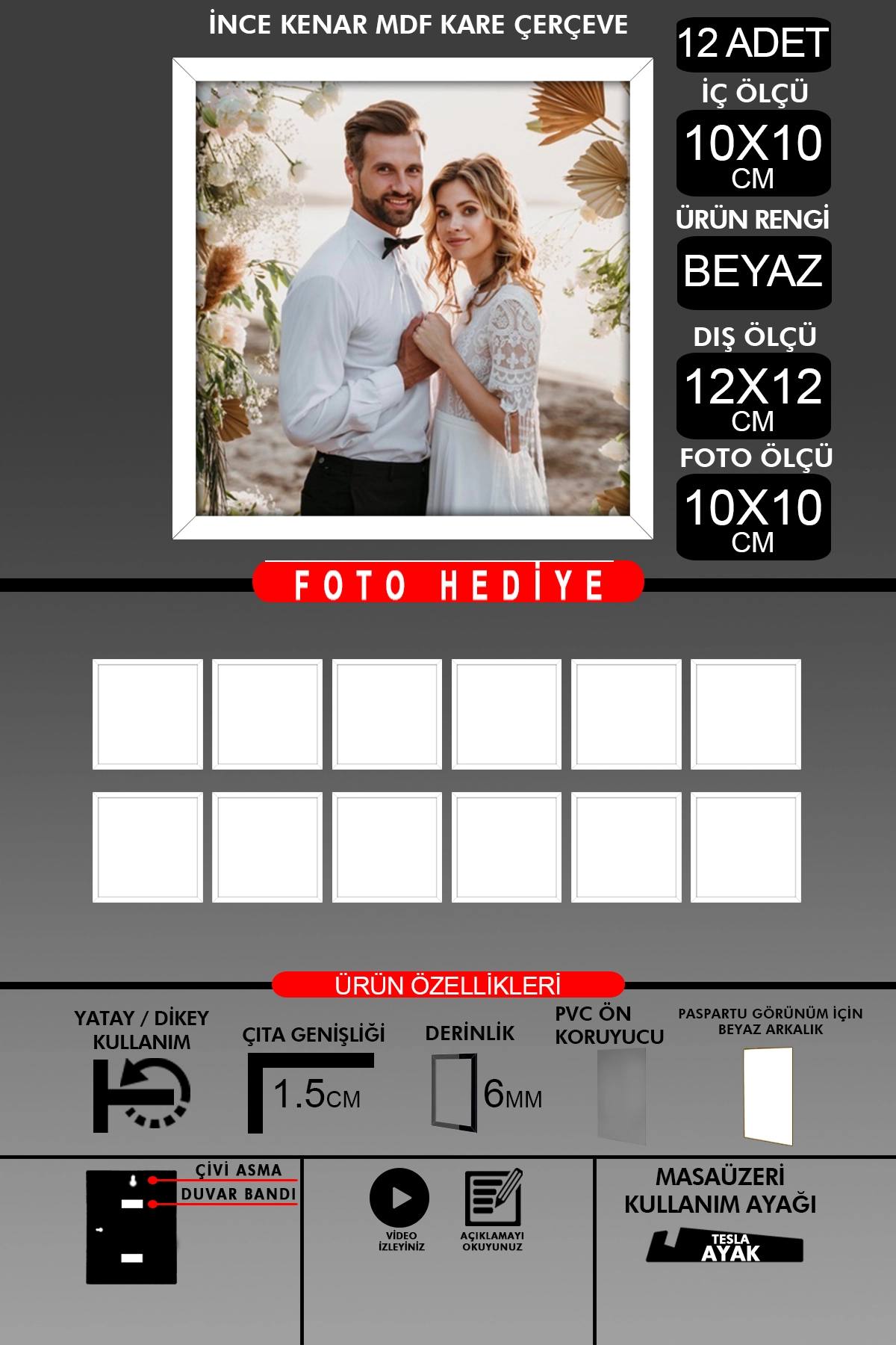 12 Adet 10X10 Çerçeve - İnce Çıtalı Çerçeve - Kare Çerçeve - Fotoğraf Çerçevesi