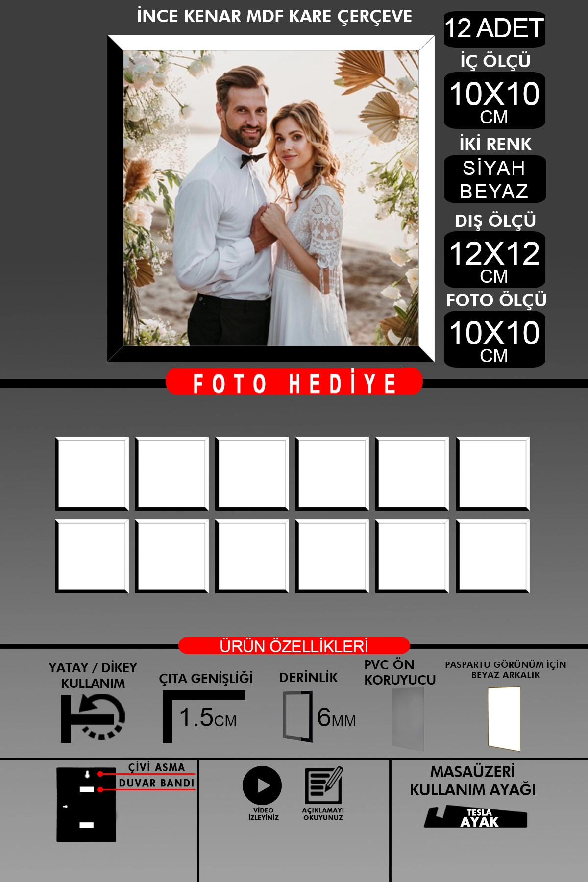 12 Adet 10X10 Çerçeve - İnce Çıtalı Çerçeve - Kare Çerçeve - Fotoğraf Çerçevesi