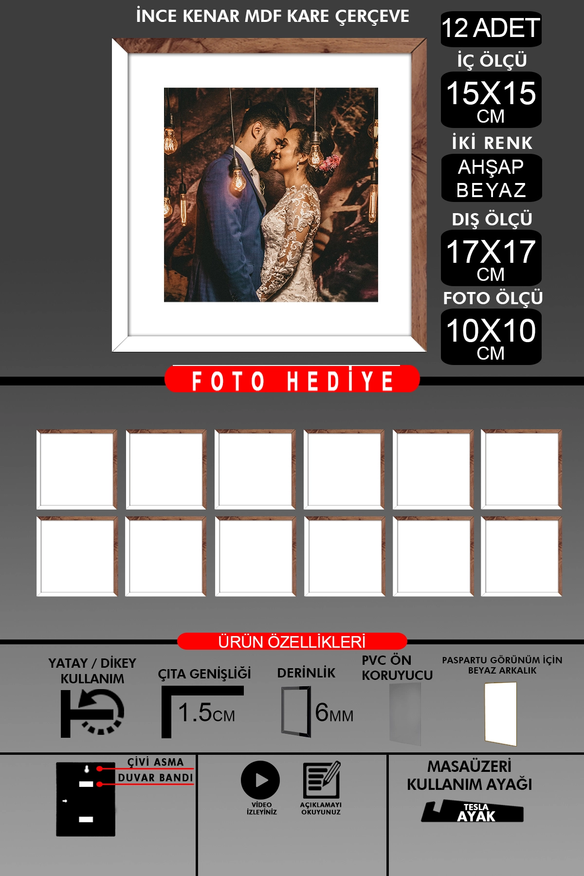12 Adet 15x15 Çerçeve - İnce Çıtalı Çerçeve - Kare Çerçeve - Fotoğraf Çerçevesi
