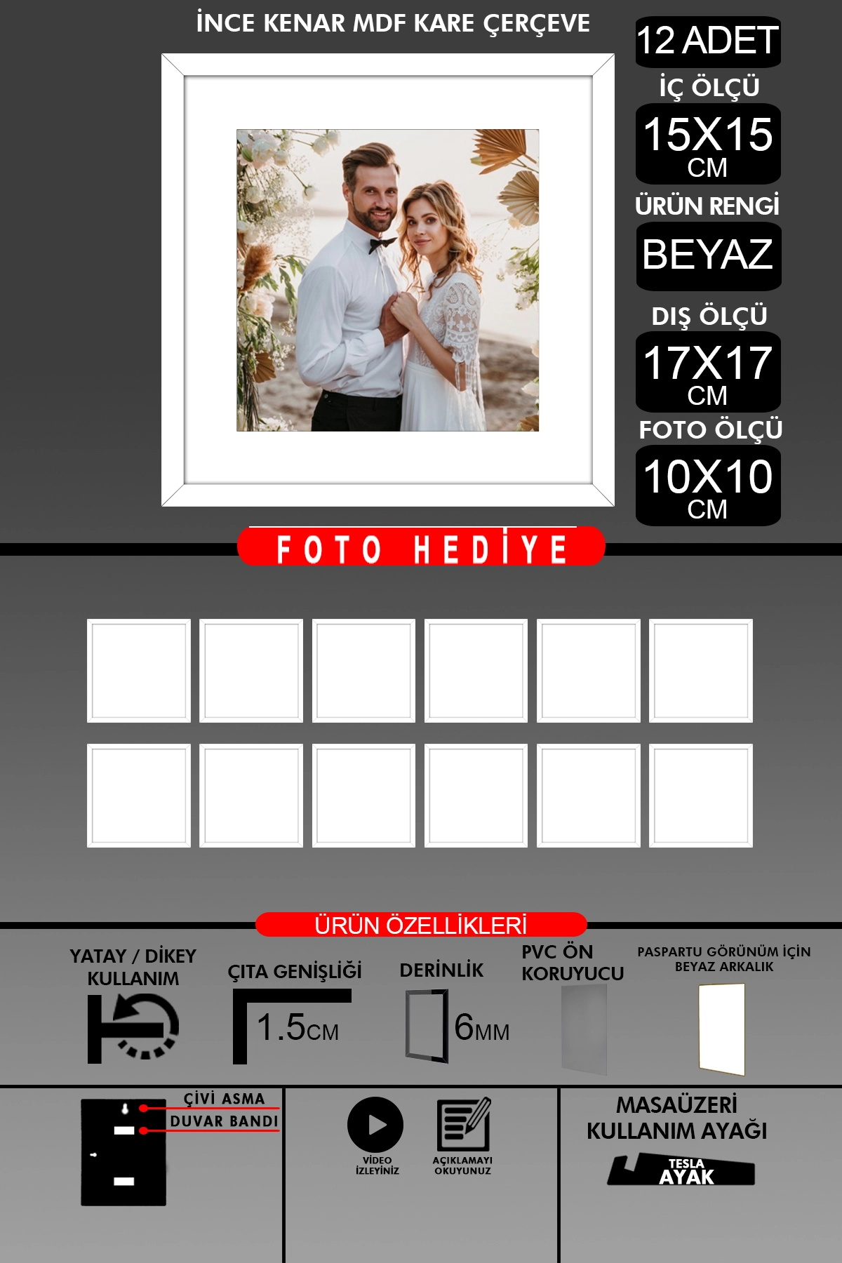 12 Adet 15x15 Çerçeve - İnce Çıtalı Çerçeve - Kare Çerçeve - Fotoğraf Çerçevesi