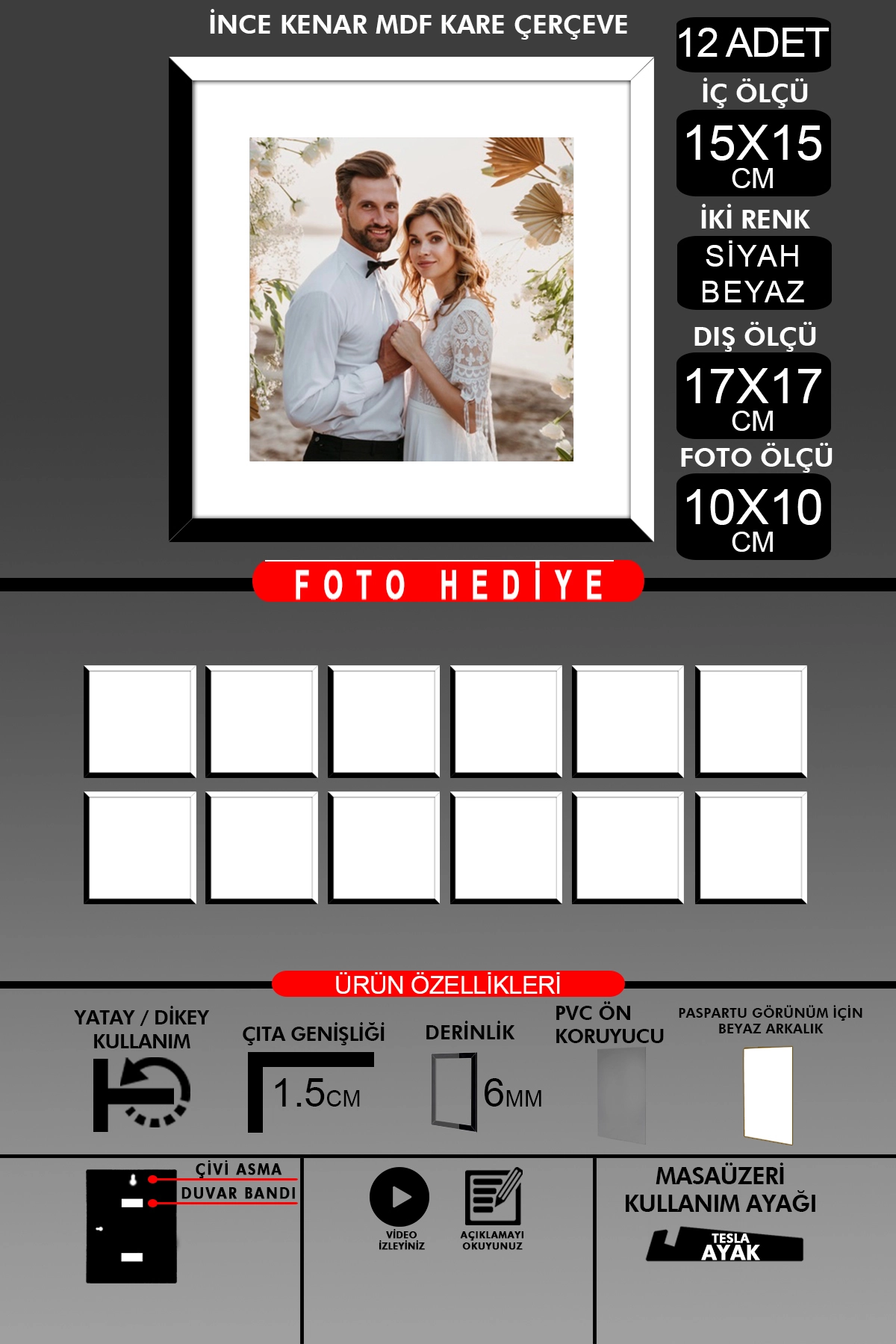 12 Adet 15x15 Çerçeve - İnce Çıtalı Çerçeve - Kare Çerçeve - Fotoğraf Çerçevesi