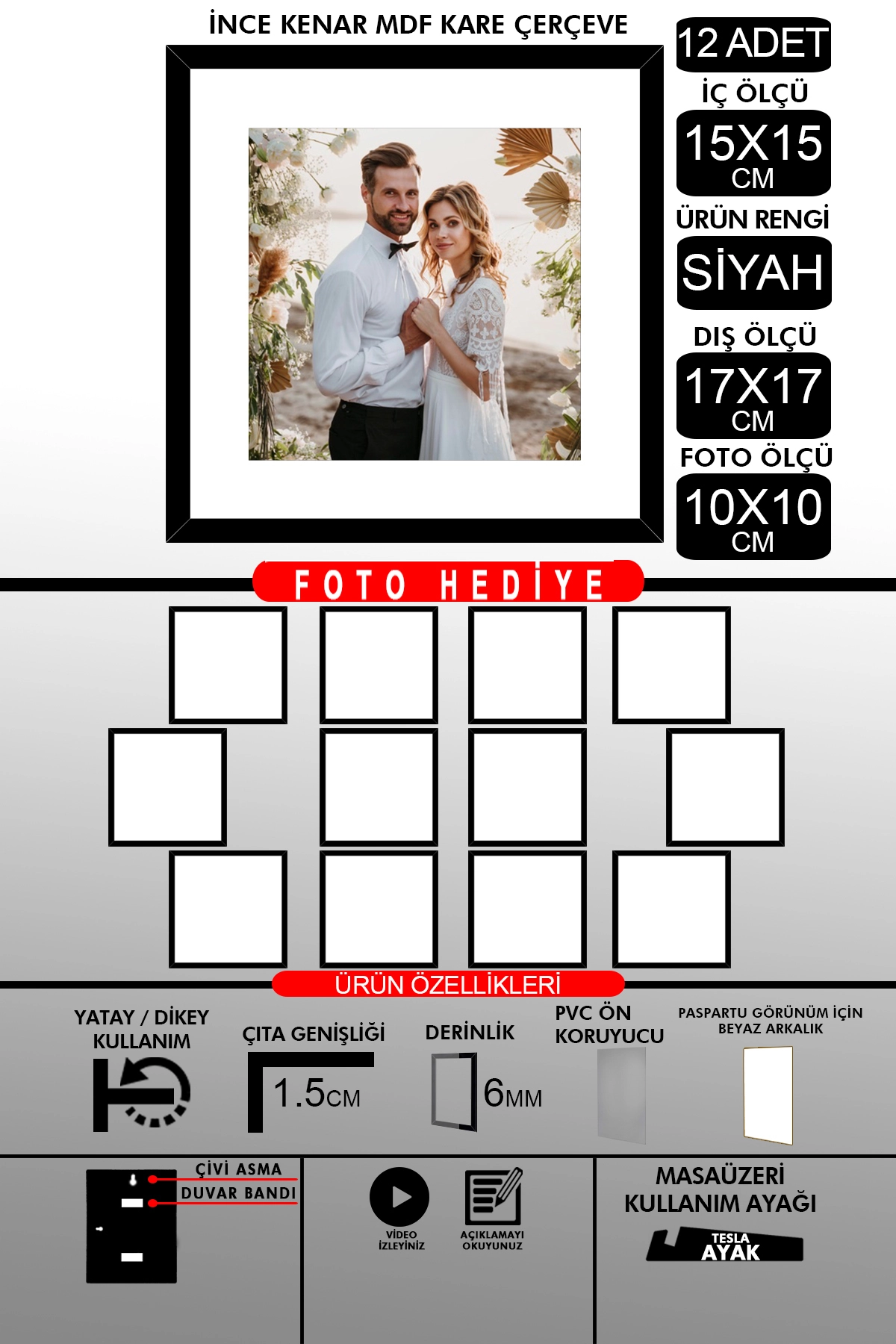 12 Adet 15x15 Çerçeve - İnce Çıtalı Çerçeve - Kare Çerçeve - Fotoğraf Çerçevesi