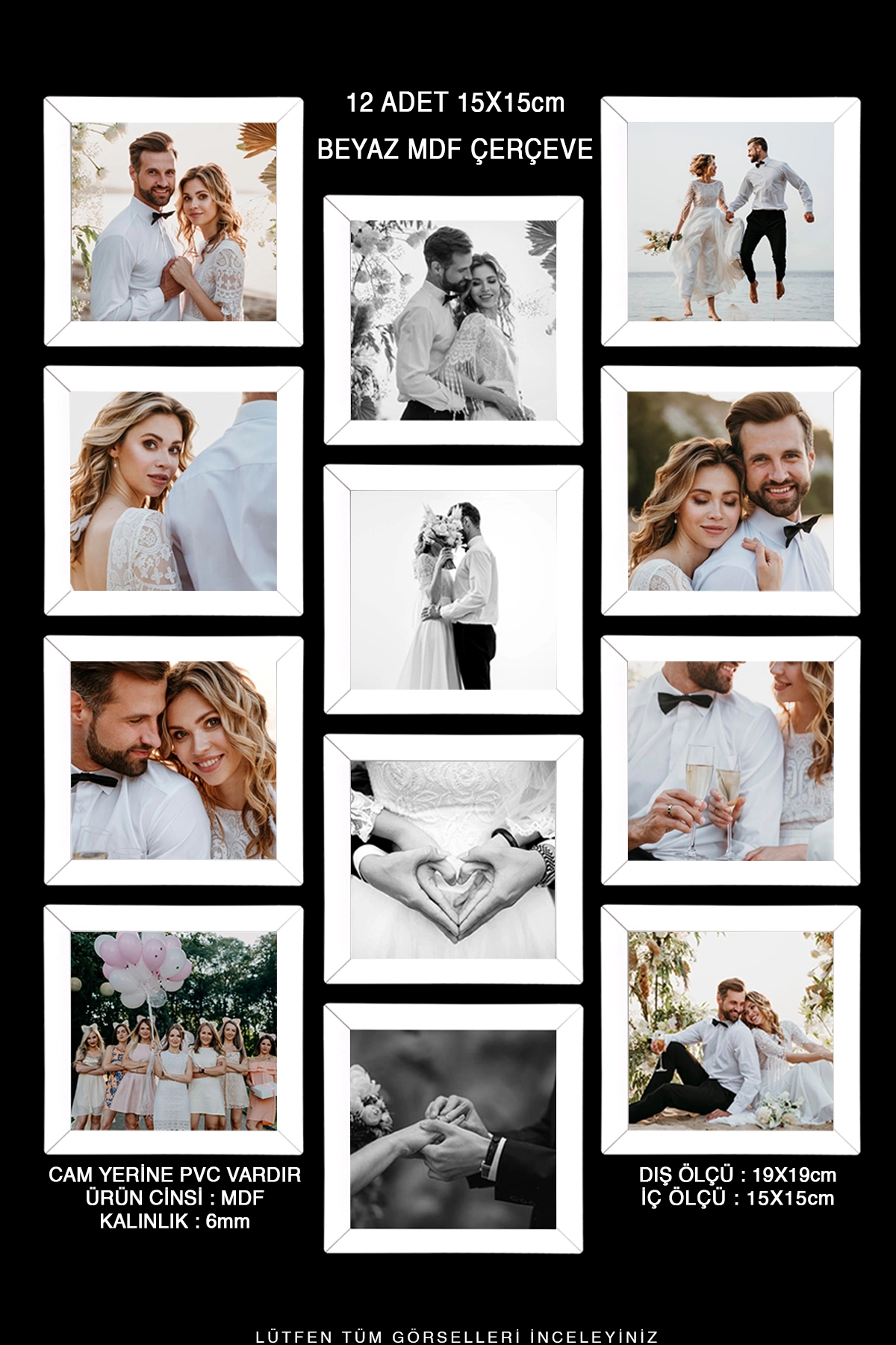 12 ADET 15x15 MDF ÇERÇEVE - KARE ÇERÇEVE Fotoğraf Çerçevesi