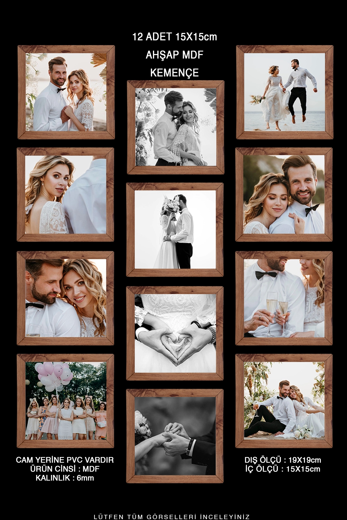 12 ADET 15x15 MDF ÇERÇEVE - KARE ÇERÇEVE Fotoğraf Çerçevesi