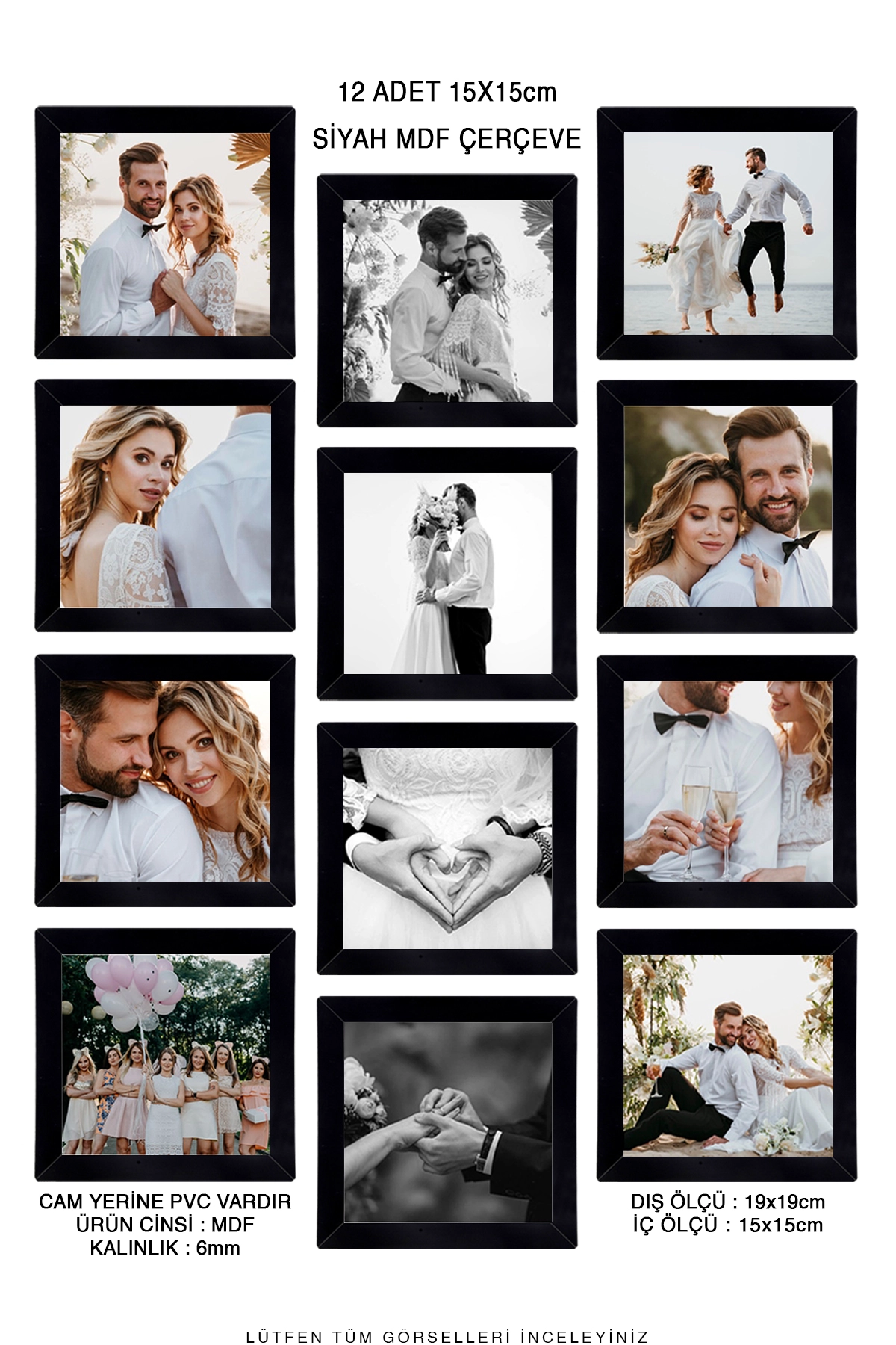 12 ADET 15x15 MDF ÇERÇEVE - KARE ÇERÇEVE Fotoğraf Çerçevesi