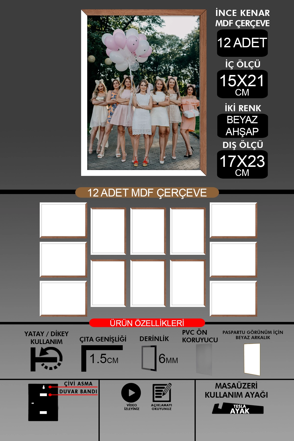 12 Adet 15x21 Çerçeve - İnce Çıtalı A5 Çerçeve - 6mm - Fotoğraf Çerçevesi