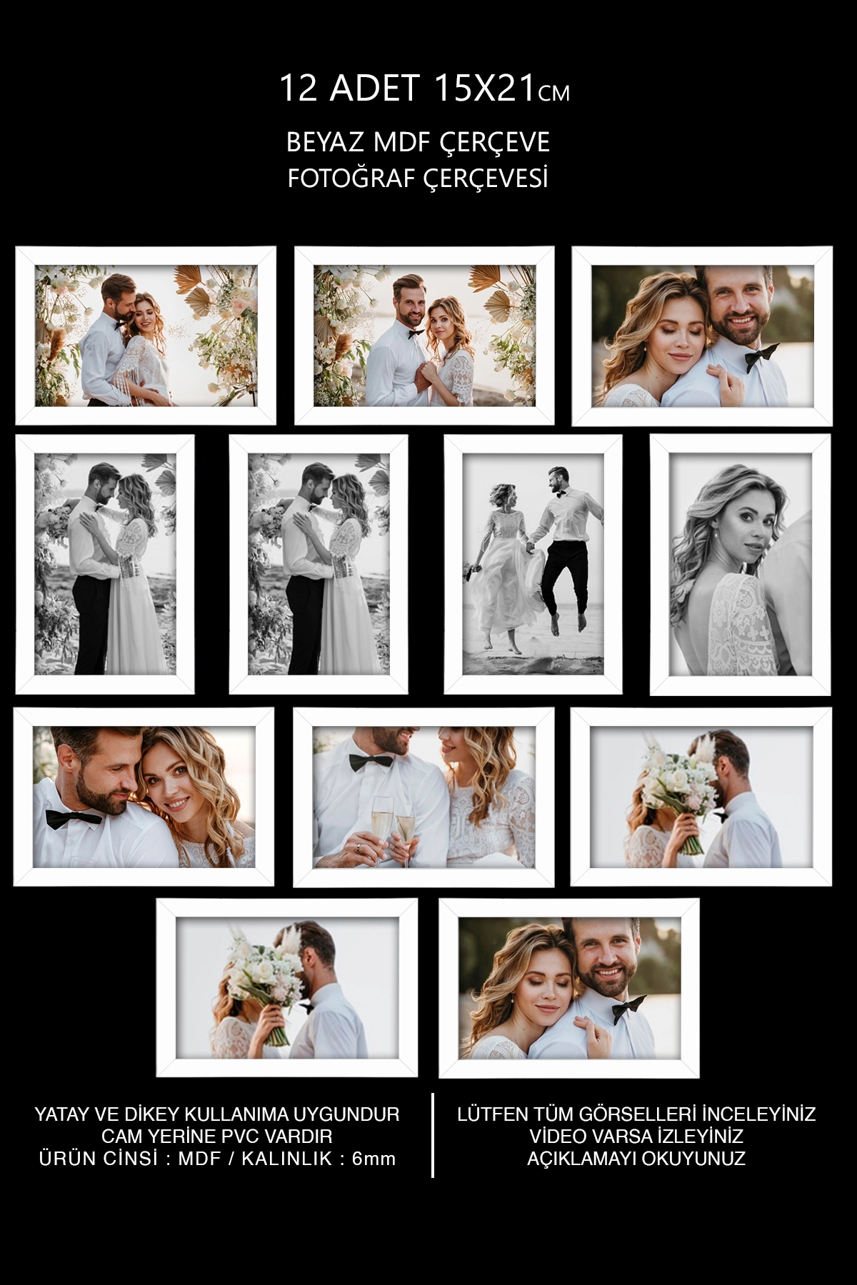 12 ADET 15x21 MDF ÇERÇEVE - DİKDÖRTGEN ÇERÇEVE Fotoğraf Çerçevesi