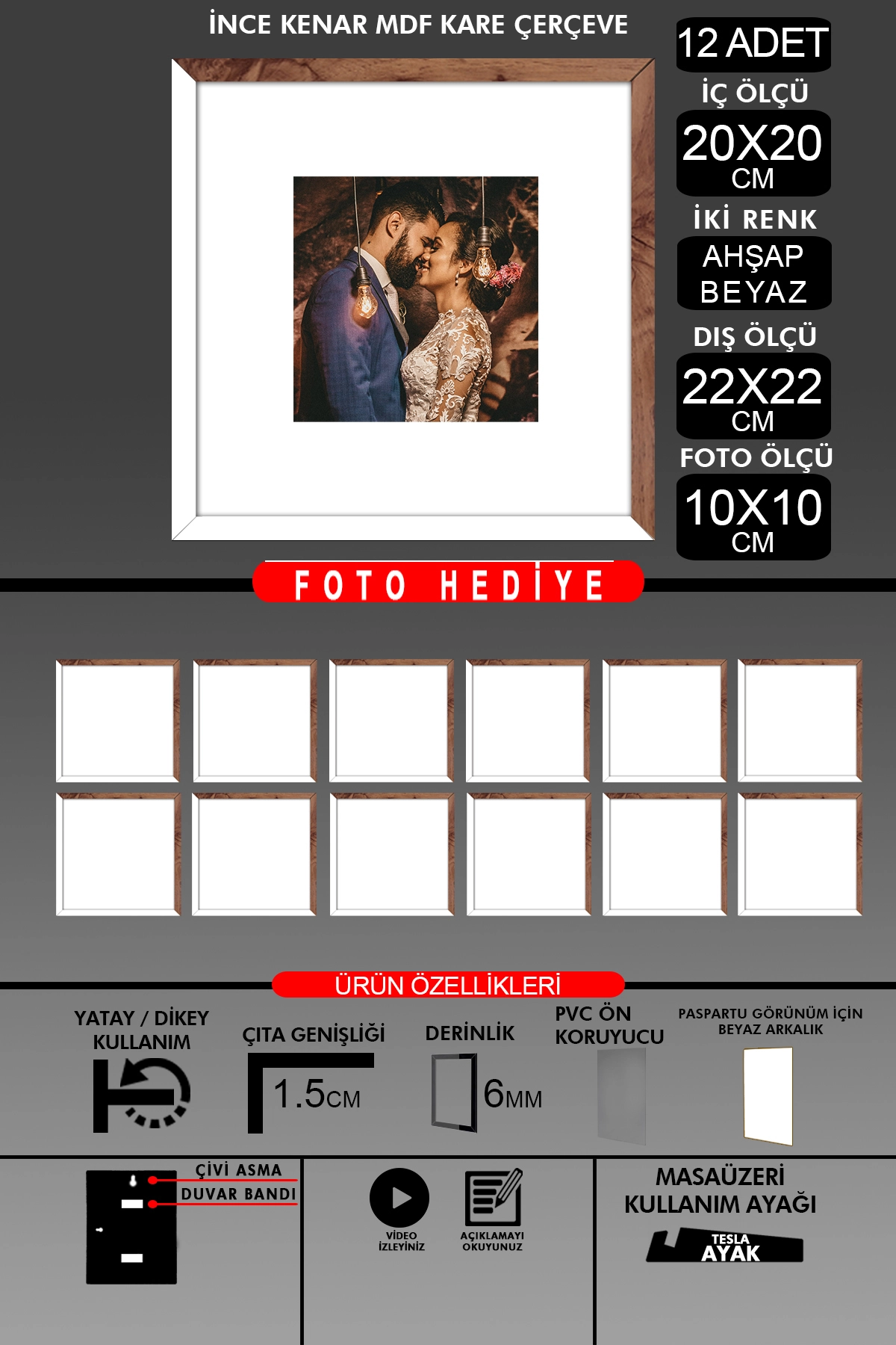 12 Adet 20x20 Çerçeve - İnce Çıtalı Çerçeve - Kare Çerçeve - Fotoğraf Çerçevesi