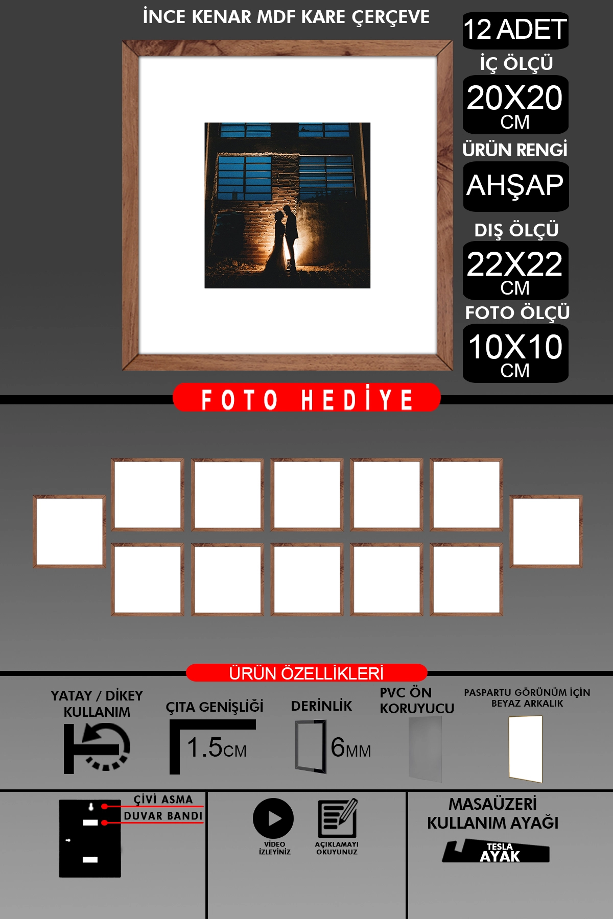 12 Adet 20x20 Çerçeve - İnce Çıtalı Çerçeve - Kare Çerçeve - Fotoğraf Çerçevesi