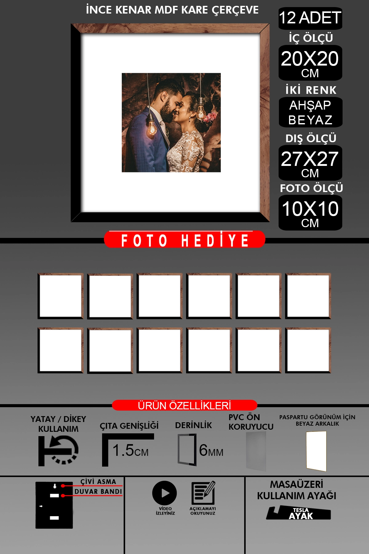12 Adet 20x20 Çerçeve - İnce Çıtalı Çerçeve - Kare Çerçeve - Fotoğraf Çerçevesi