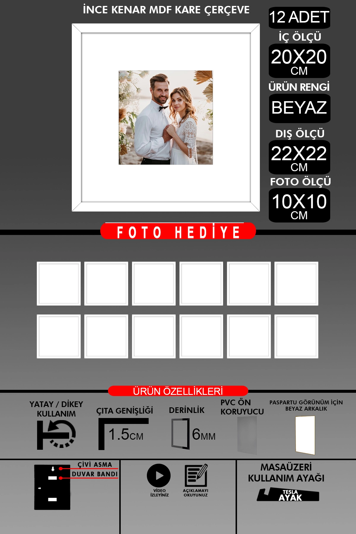 12 Adet 20x20 Çerçeve - İnce Çıtalı Çerçeve - Kare Çerçeve - Fotoğraf Çerçevesi