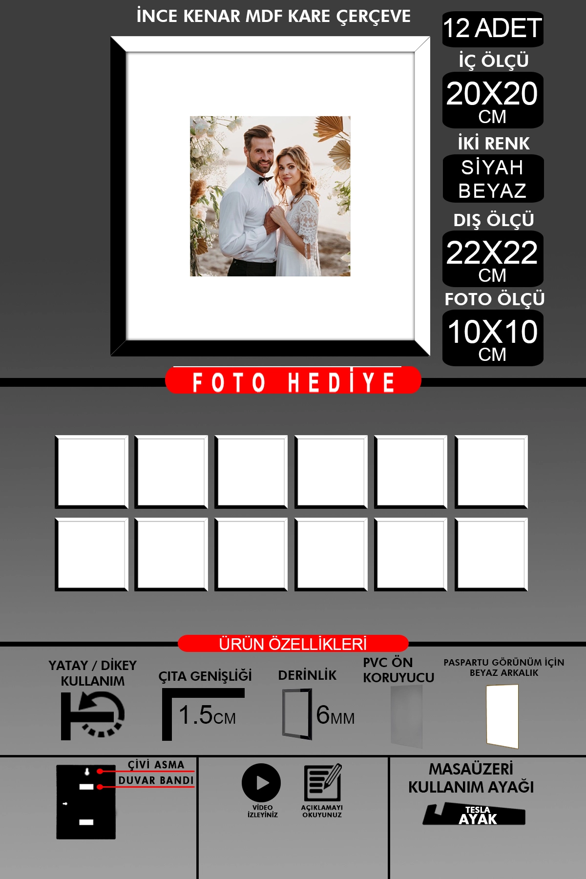 12 Adet 20x20 Çerçeve - İnce Çıtalı Çerçeve - Kare Çerçeve - Fotoğraf Çerçevesi
