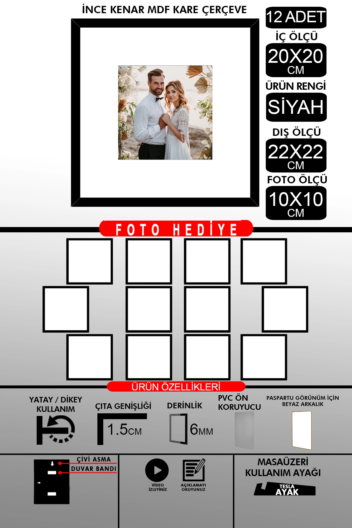 12 Adet 20x20 Çerçeve - İnce Çıtalı Çerçeve - Kare Çerçeve - Fotoğraf Çerçevesi