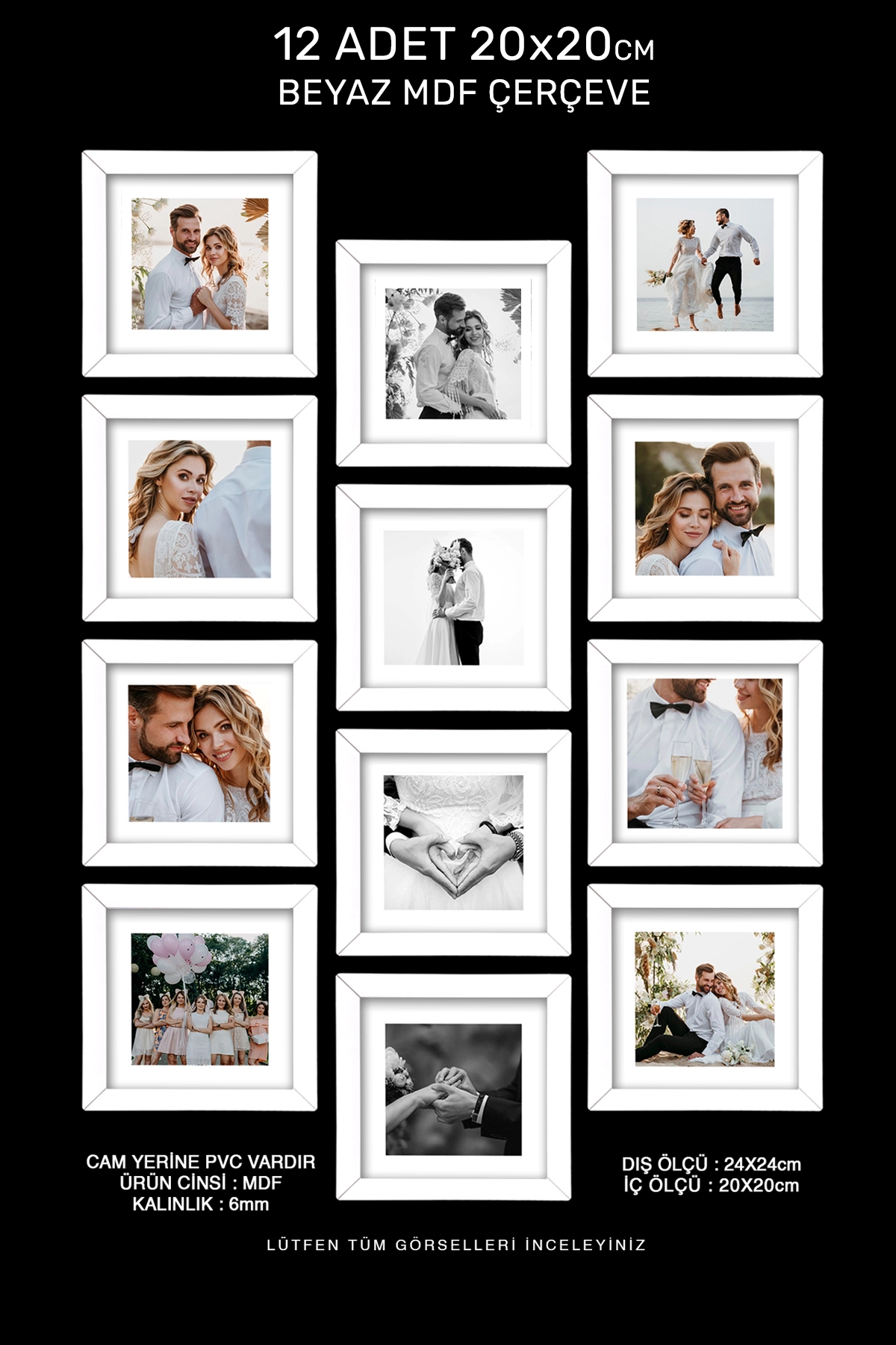 12 ADET 20x20 MDF ÇERÇEVE - KARE ÇERÇEVE Fotoğraf Çerçevesi