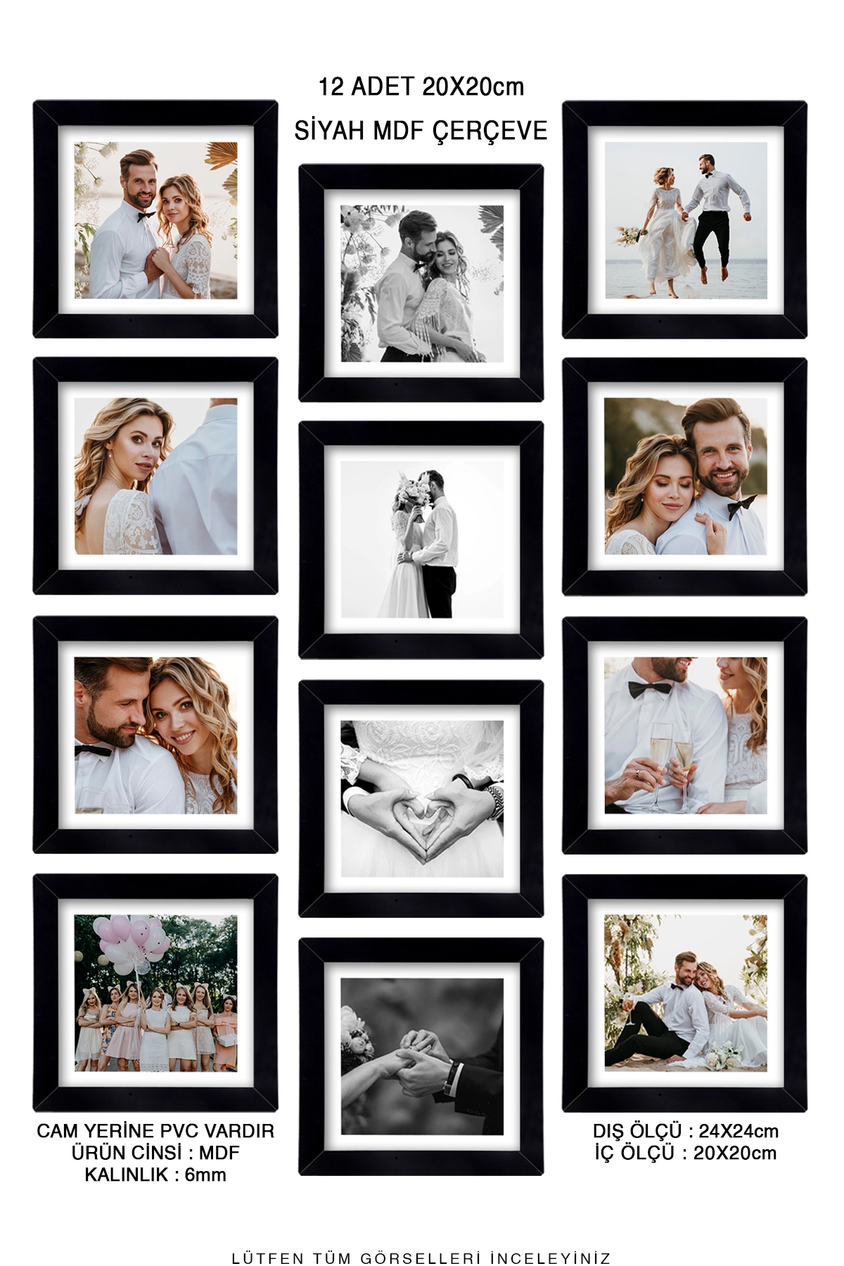 12 ADET 20x20 MDF ÇERÇEVE - KARE ÇERÇEVE Fotoğraf Çerçevesi