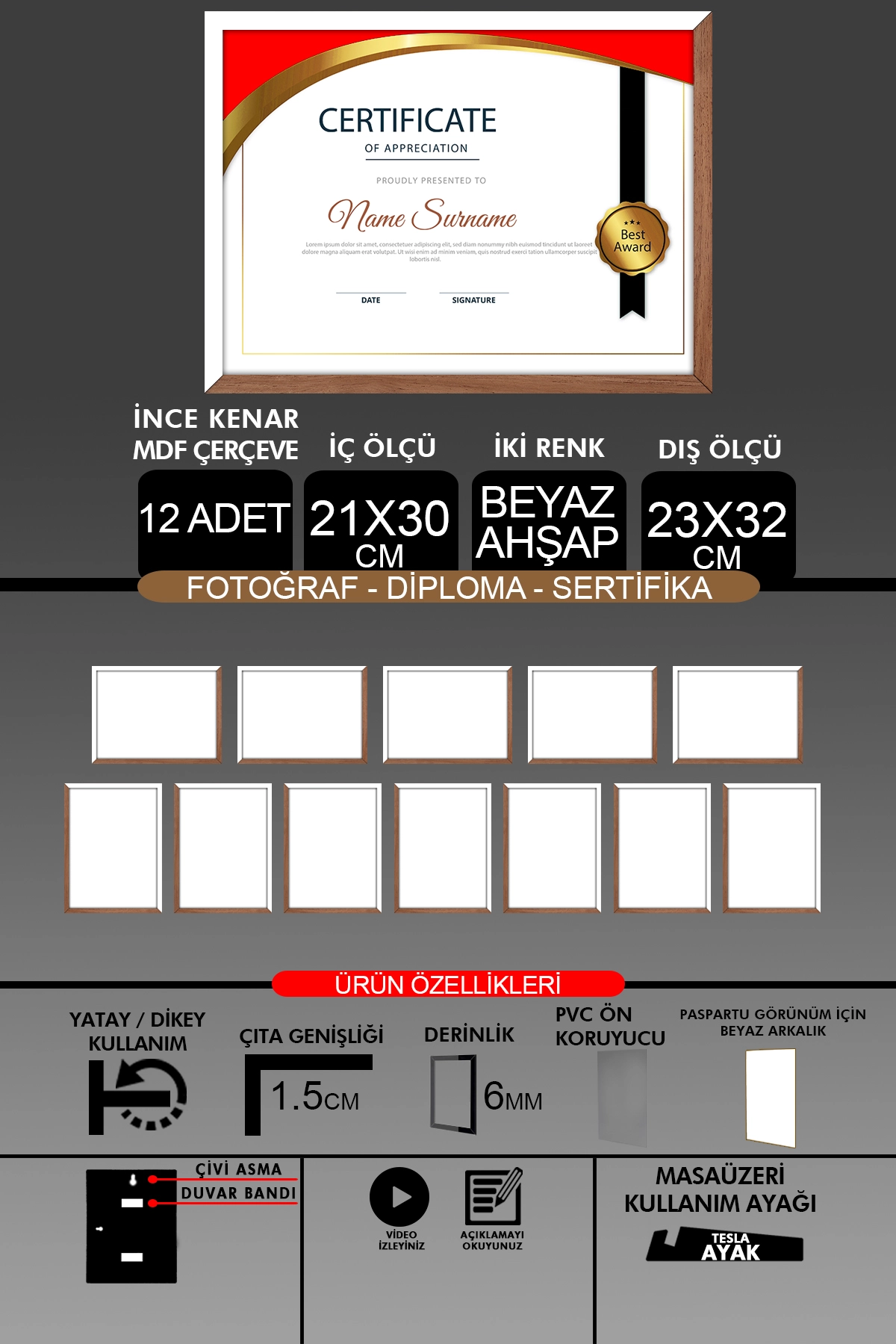 12 Adet 21x30 Çerçeve - İnce Çıtalı Çerçeve- 6mm Çerçeve Fotoğraf Çerçevesi