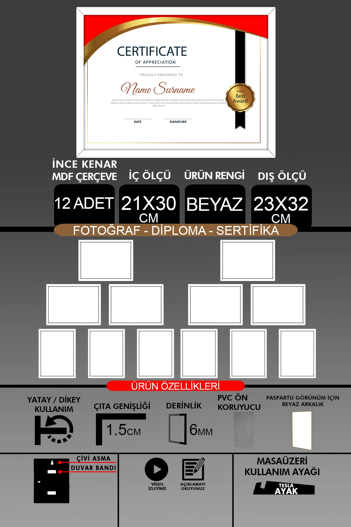 12 Adet 21x30 Çerçeve - İnce Çıtalı Çerçeve- 6mm Çerçeve Fotoğraf Çerçevesi