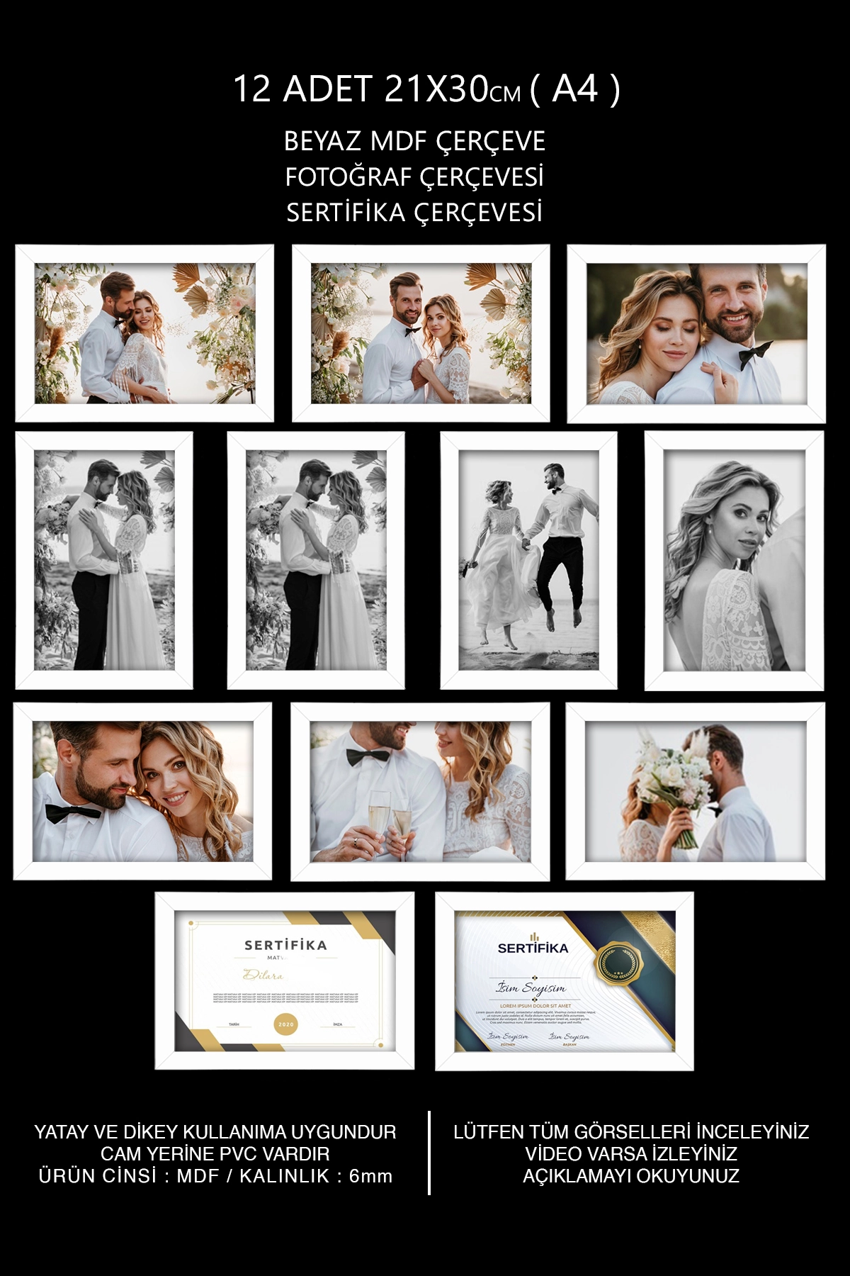 12 ADET 21x30 MDF ÇERÇEVE - DİKDÖRTGEN ÇERÇEVE Fotoğraf Çerçevesi