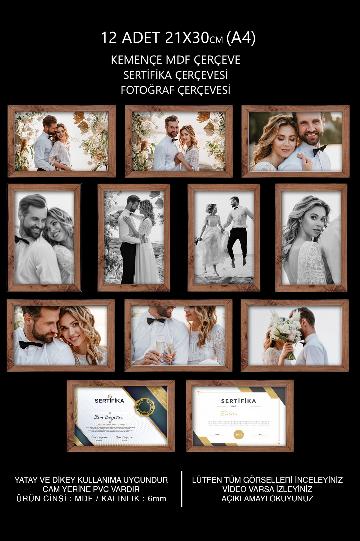 12 ADET 21x30 MDF ÇERÇEVE - DİKDÖRTGEN ÇERÇEVE Fotoğraf Çerçevesi