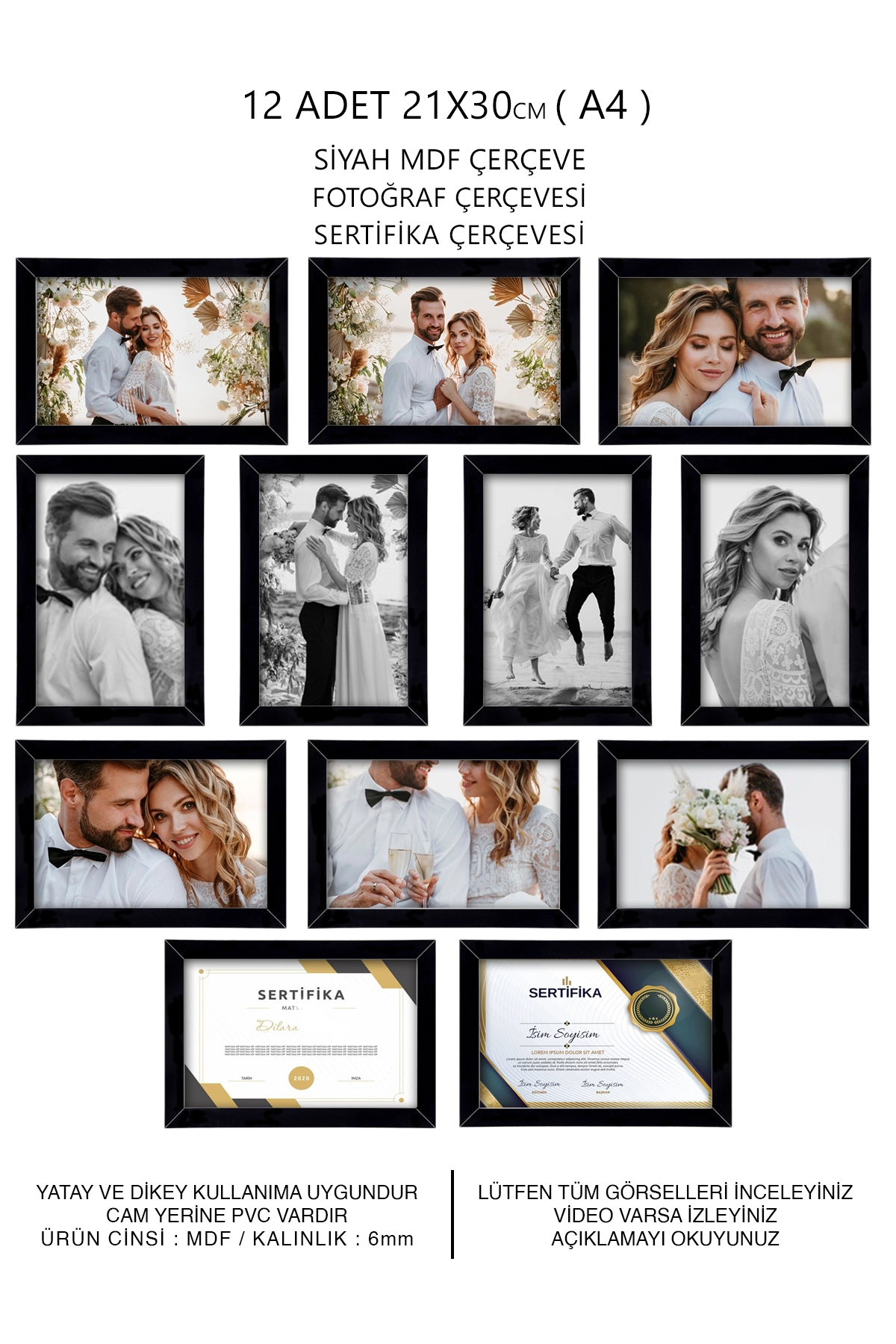 12 ADET 21x30 MDF ÇERÇEVE - DİKDÖRTGEN ÇERÇEVE Fotoğraf Çerçevesi