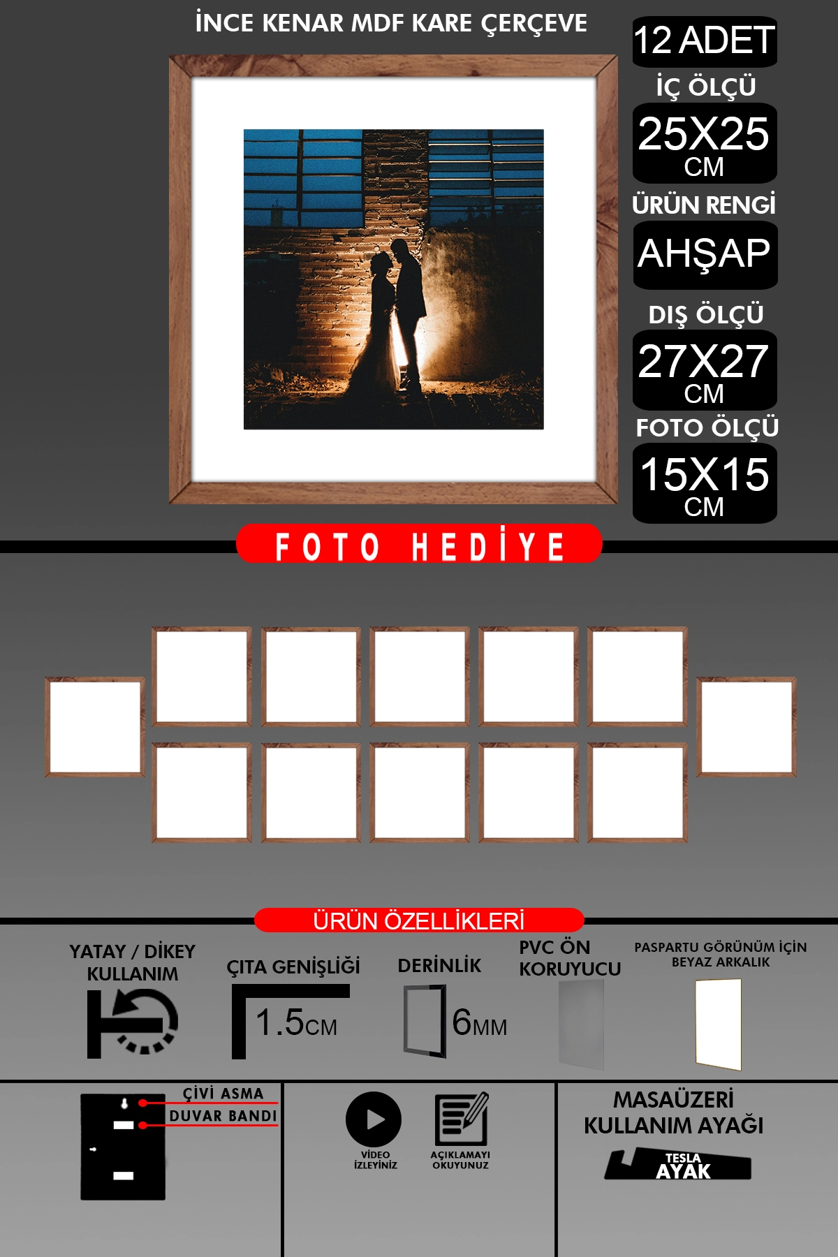 12 Adet 25x25 Çerçeve - İnce Çıtalı Çerçeve -Kare Çerçeve Fotoğraf Çerçevesi